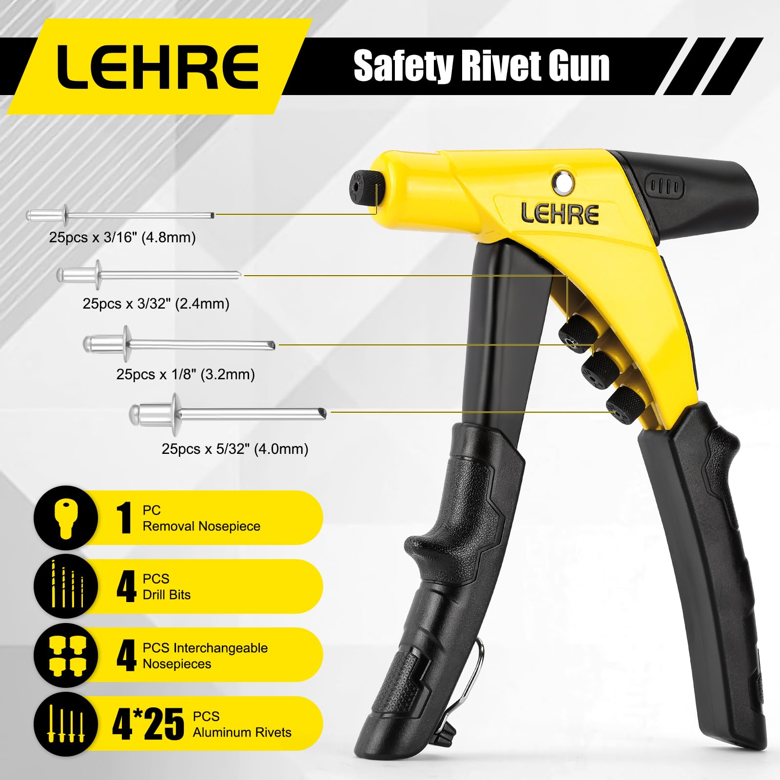 LEHRE Safety Rivet Gun, One-Handed Pop Rivet Gun Set, Heavy Duty Riveter with Mandrel Container, Tool-Free Interchangeable Heads