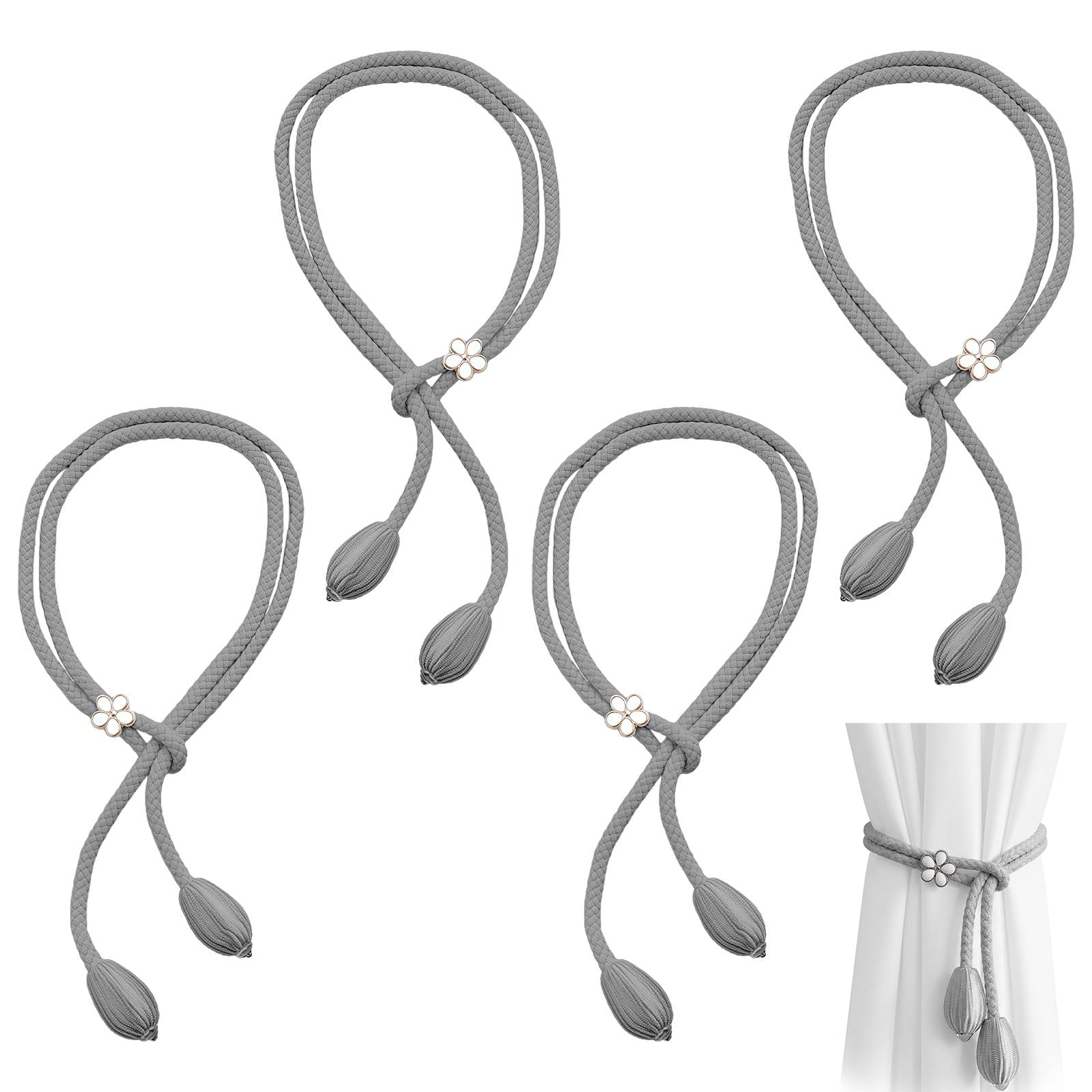 4 Pcs Curtain Tiebacks, Handmade Curtain Tie Backs, Modern Simple Style Drape Tie Backs, Durable Curtain Holder Pullbacks, for Thin or Thick Home, Living Room, Bedroom Window Drapery(Sliver Grey)