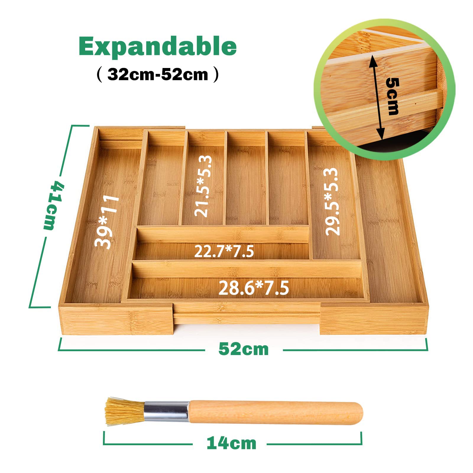 JOYBOY Caja de cubiertos de bambú,Organizador de Cubiertos de Madera+1 cepillo de limpieza,Bandeja para cubiertos con 7 a 9 Compartimentos,Cubertero Ajustable 32-52 * 41 * 5cm