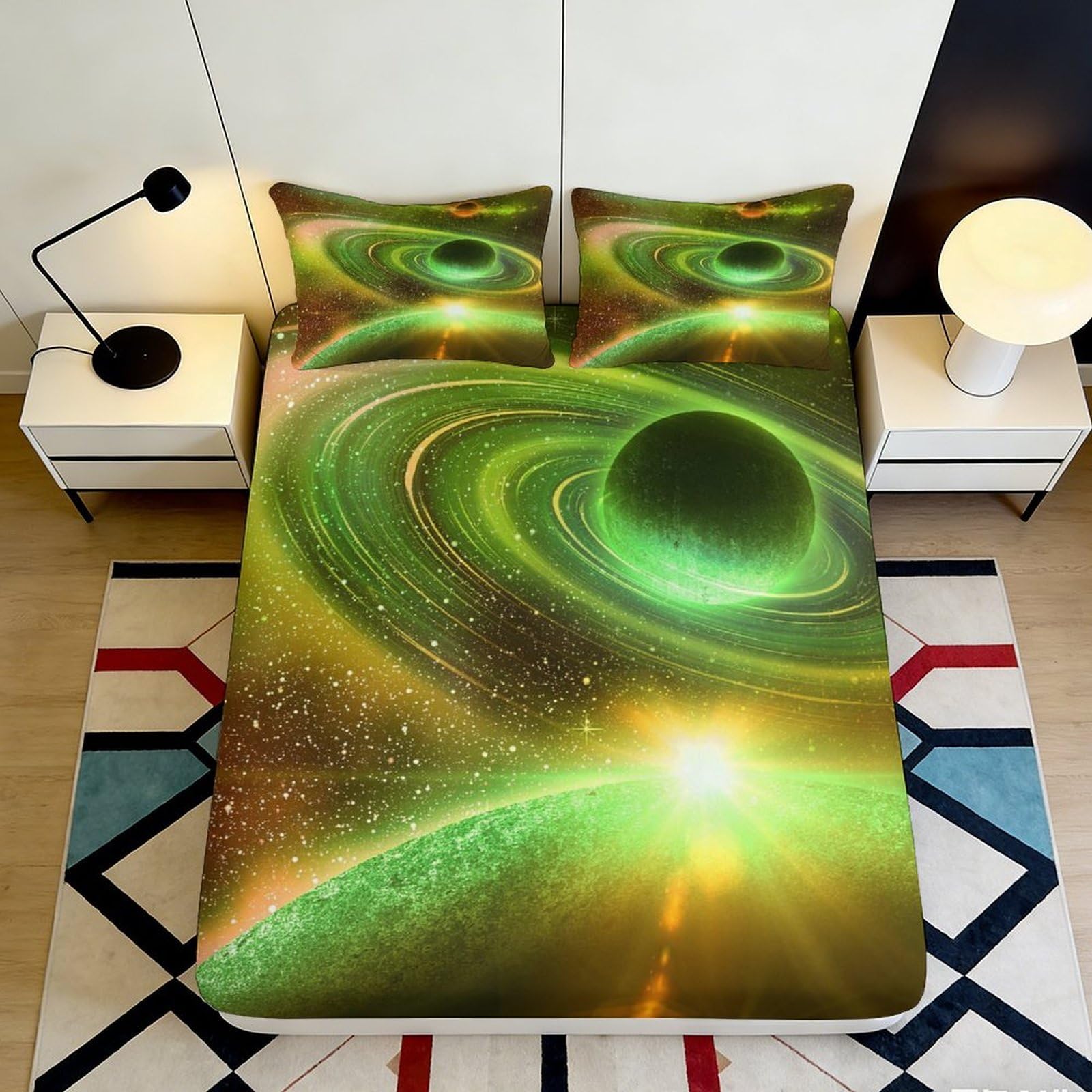 3D Printed Green Planet Rings Fitted Sheet Microfiber Soft Breathable Cosmic Space Bed Cover for Bedroom Dorm 90x200x25cm