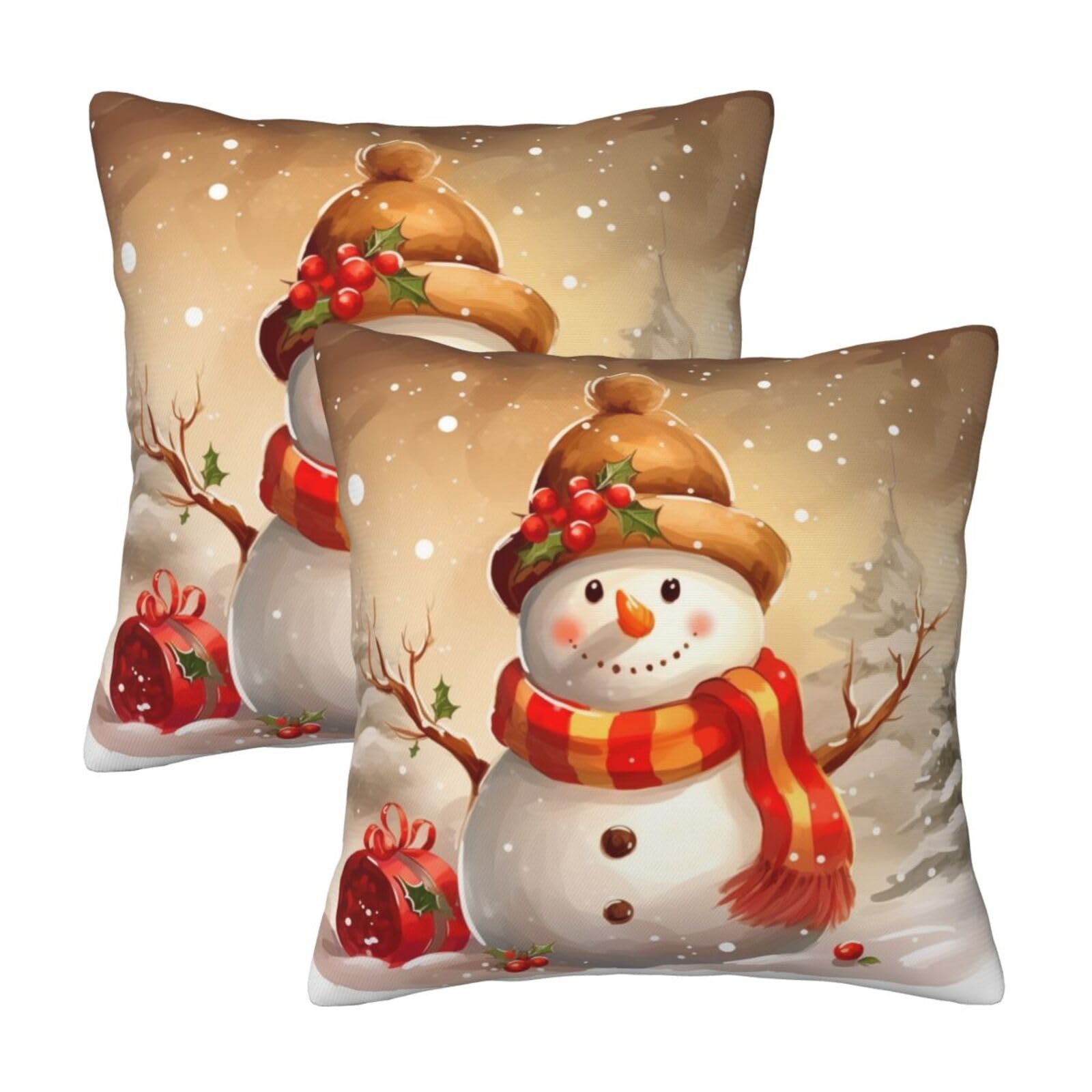 Christmas Snowman Throw Pillow Cases 2 Pack Square Pillowcases Soft Pillow Protectors for Couch Livingroom Sofa Bed Office Car,30x30 CM
