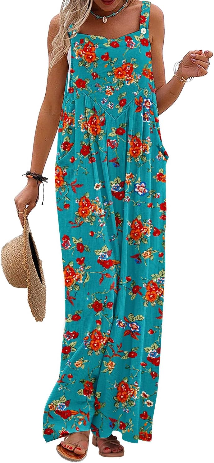 Women's Summer Casual Overalls Loose Wide Leg Jumpsuits Boho Floral Printed Baggy Rompers with Pockets PZH