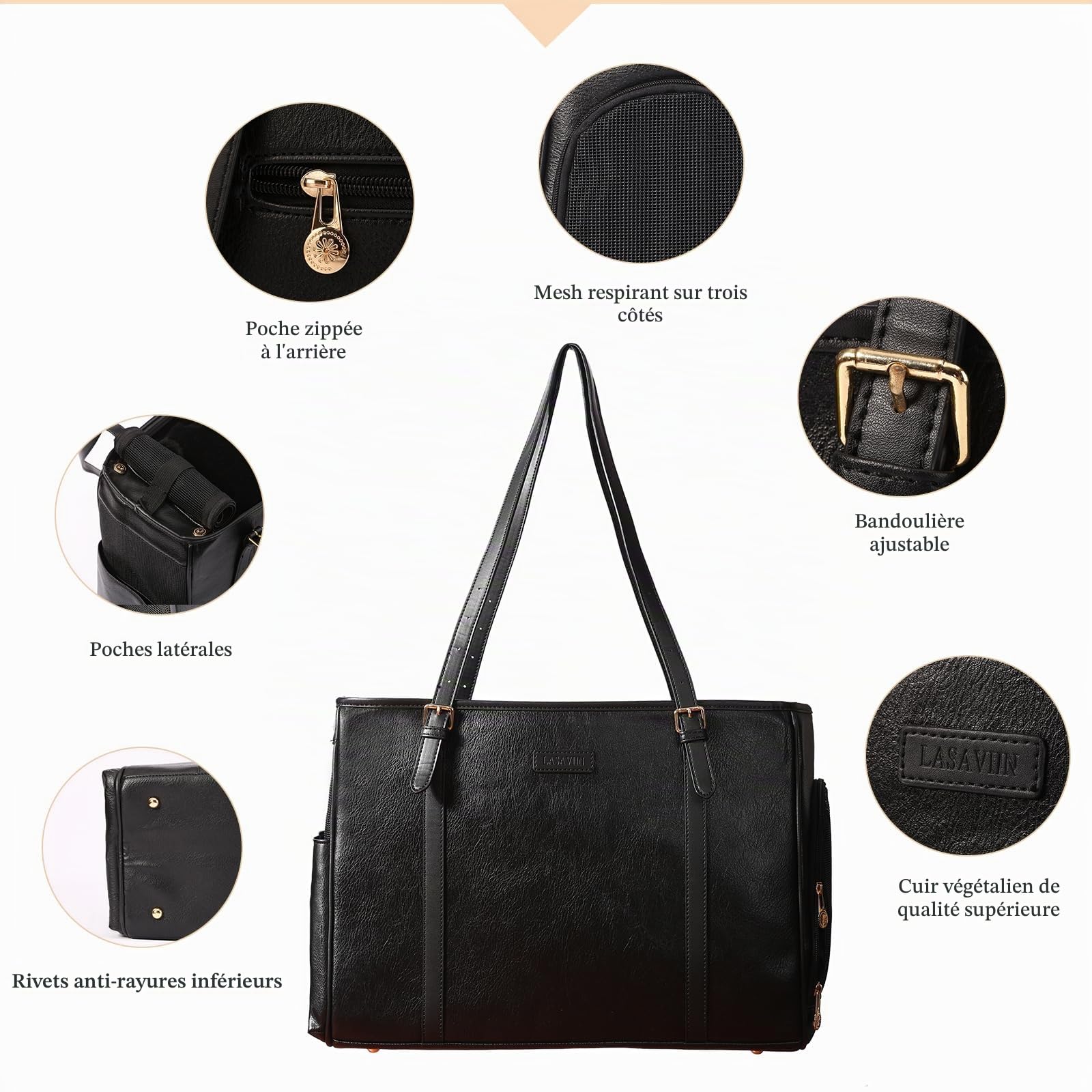 Lasaviin Sac à main tendance en cuir pour petits chiens, chats, chiots, sac fourre-tout portable approuvé par les compagnies aériennes (noir)