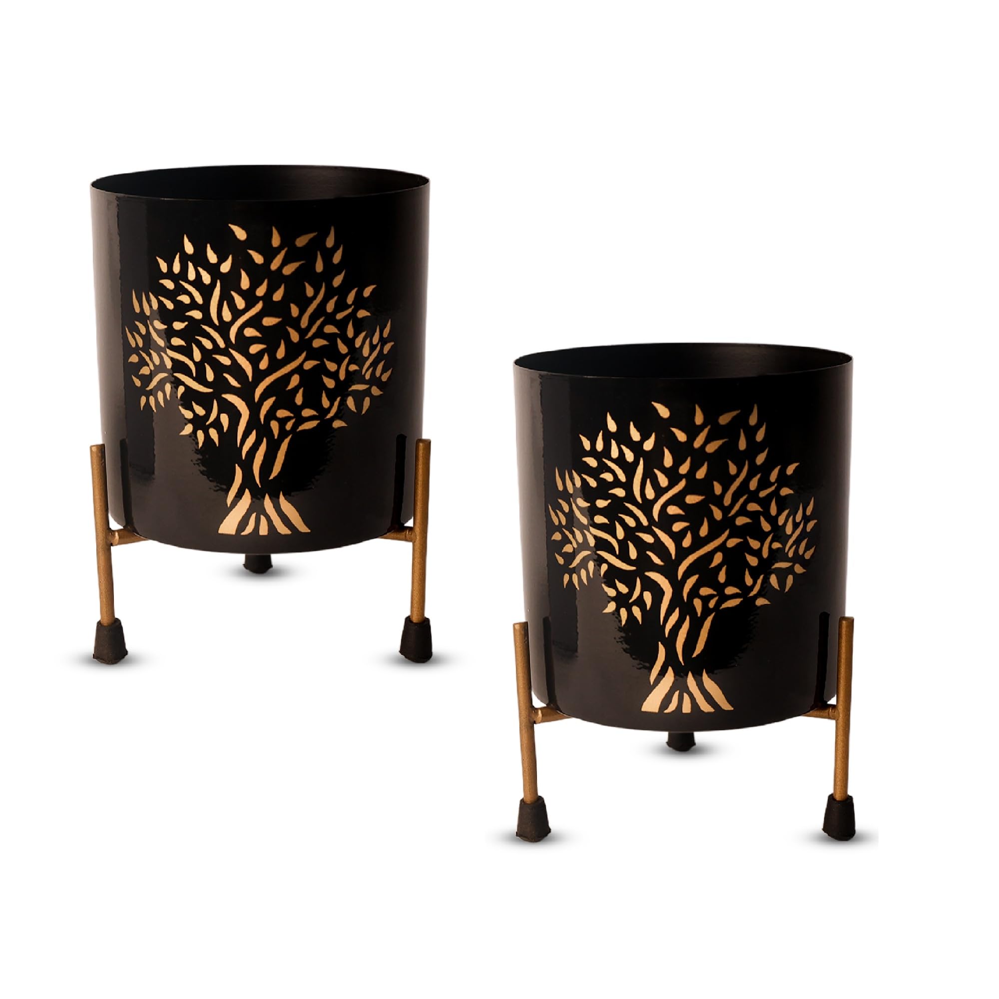 Peng Essentials Metal Flower Vase Planter Pot with Iron Stand | Pots for Plants, Plant Pots for Home Decoration, Cachepot, Indoor Planter Garden Décor, Style-1852BS2, Set of 2, (Black)