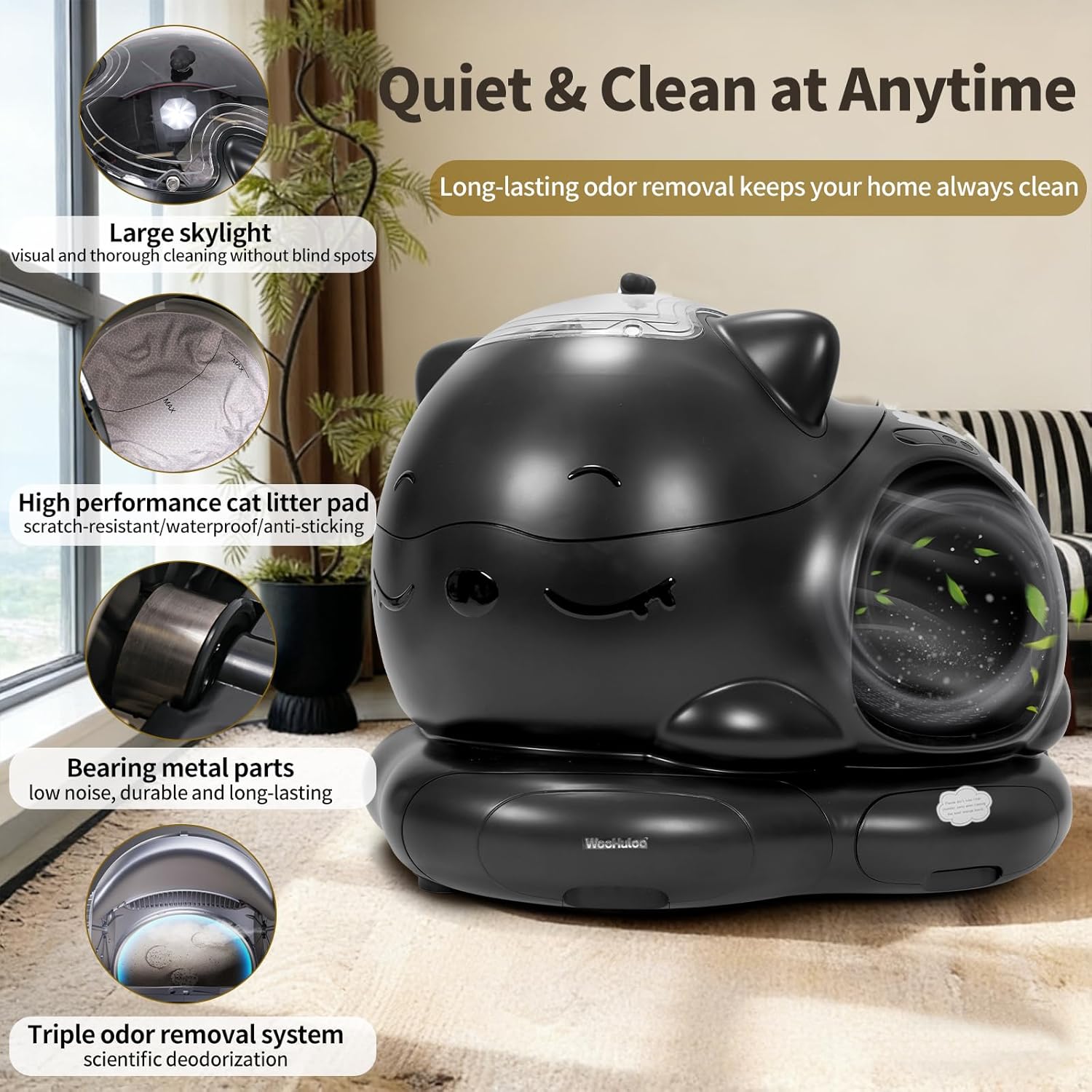 Automatic Cat Litter Box, Semi-Open Large Capacity with Triple Odor Removal System, App Control and Health Monitor, Safety Sensor, Cute Self Cleaning Litter Box for Multiple Cats (Black)