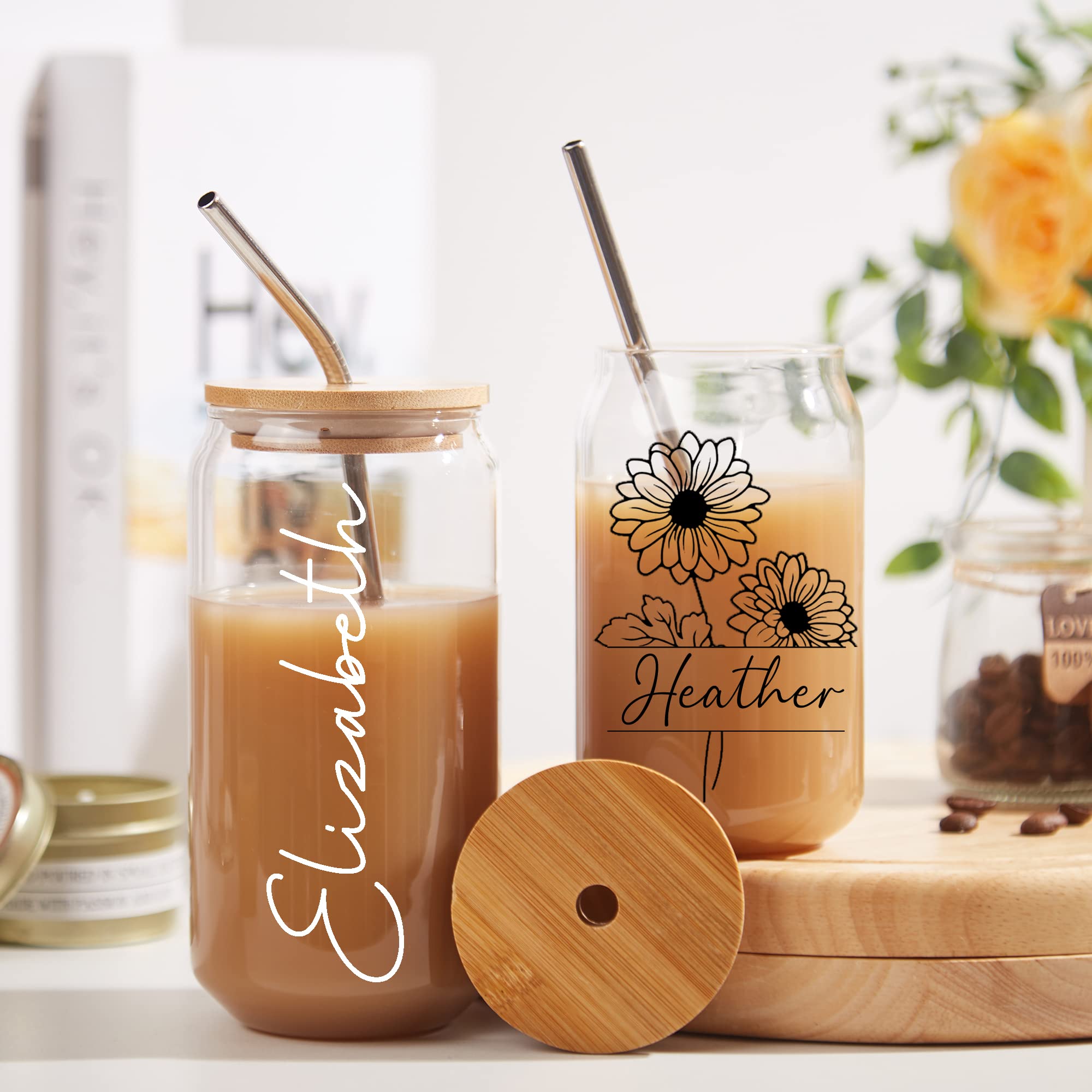 Mostop Personalized Iced Coffee Glass with Lids and Straws, Custom Birth Flower Tumbler, Mother's Day and Birthday Gifts, Gifts for Her and Girlfriend, Bachelorette Party Can Glass Cups