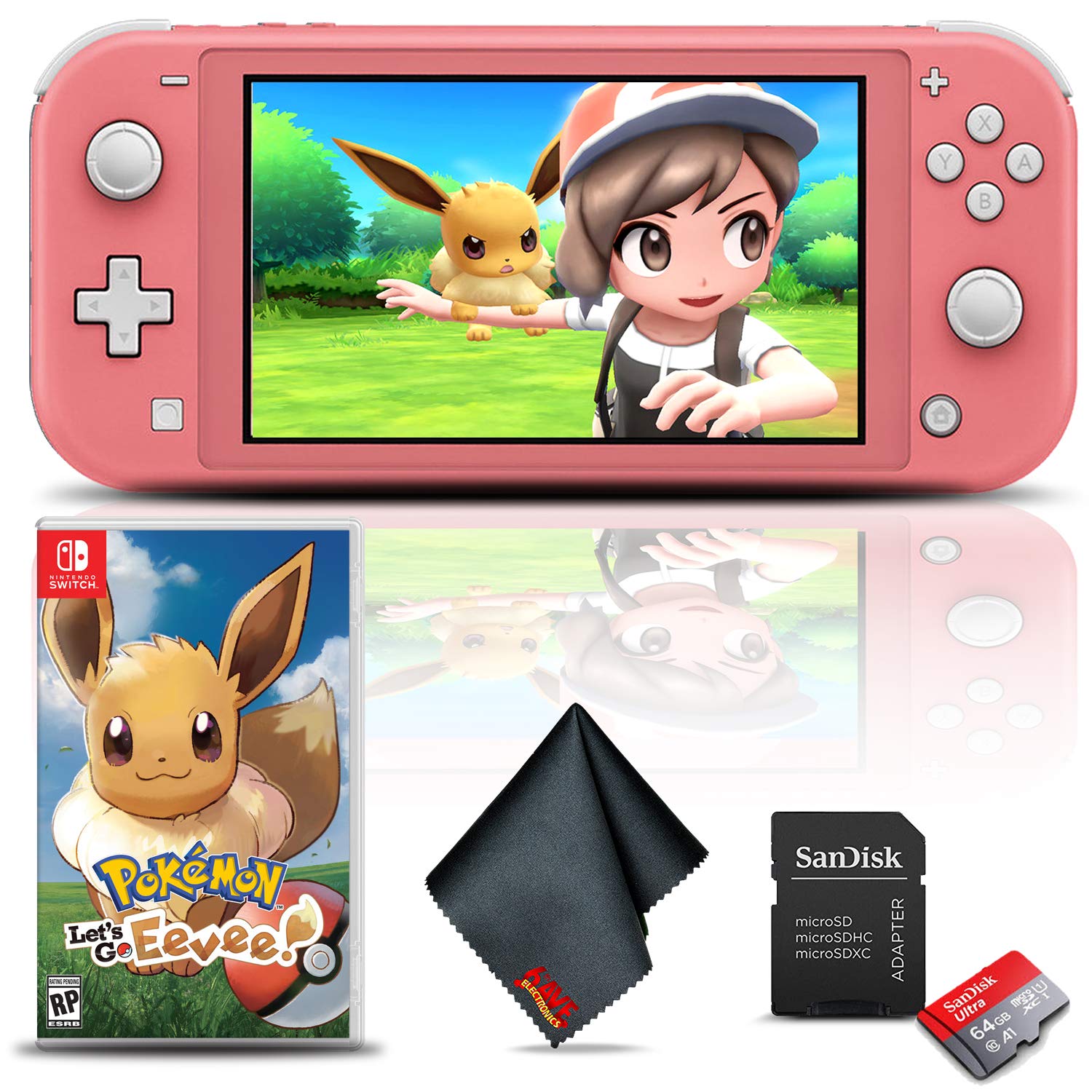 Nintendo Switch Lite (Coral) Gaming Console Bundle with Pokemon: Let's Go Eevee Game, 64GB Memory Ca