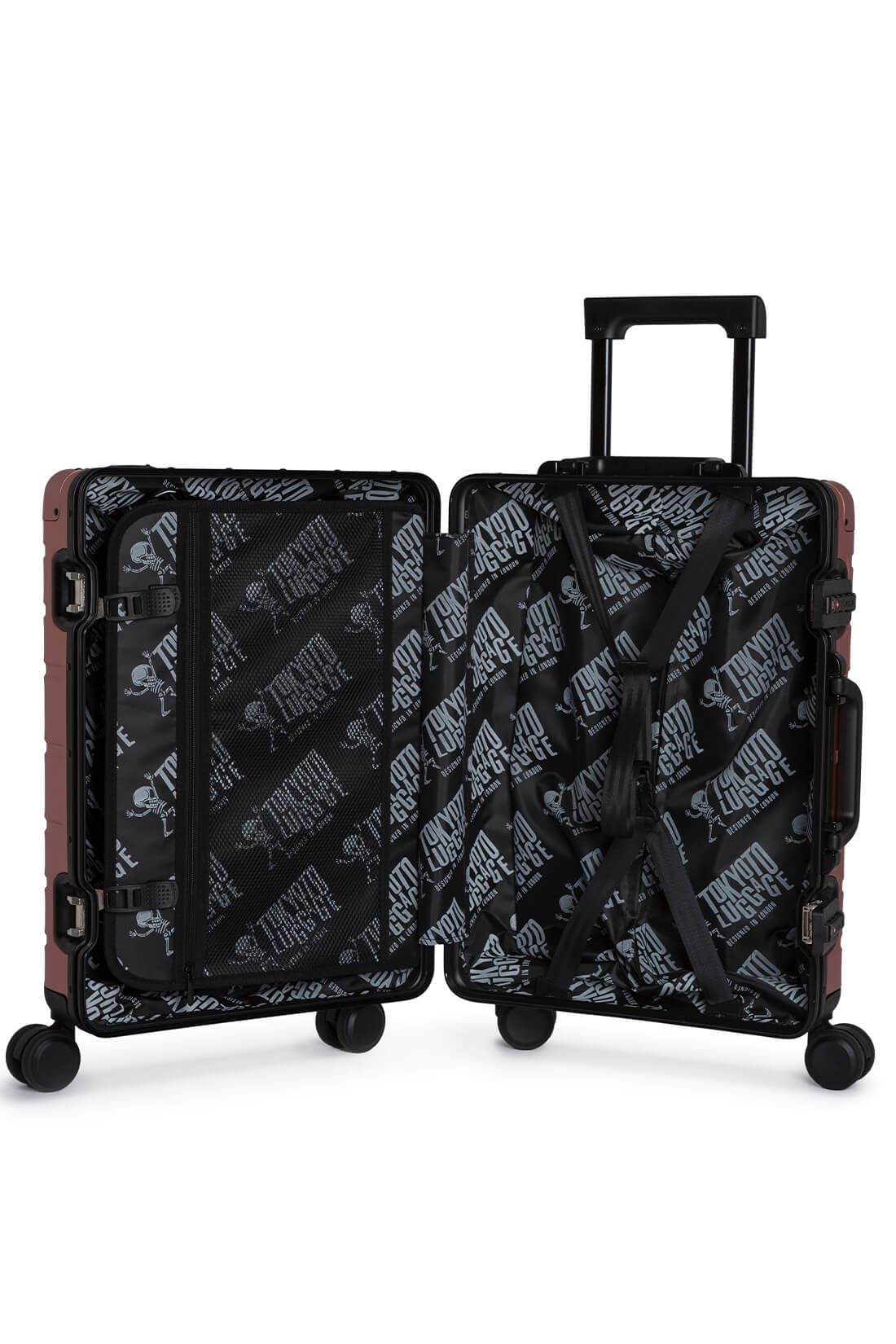 TOKYOTO SILVER SKULL Bagaż kabinowy w 100% z aluminium 55x35x20 Walizka 20 cali lekki futerał 4-kołowy dla dzieci mały rozmiar z powerbankiem USB ładowarka 8000 mAh (WALIZKA + ŁADOWARKA)