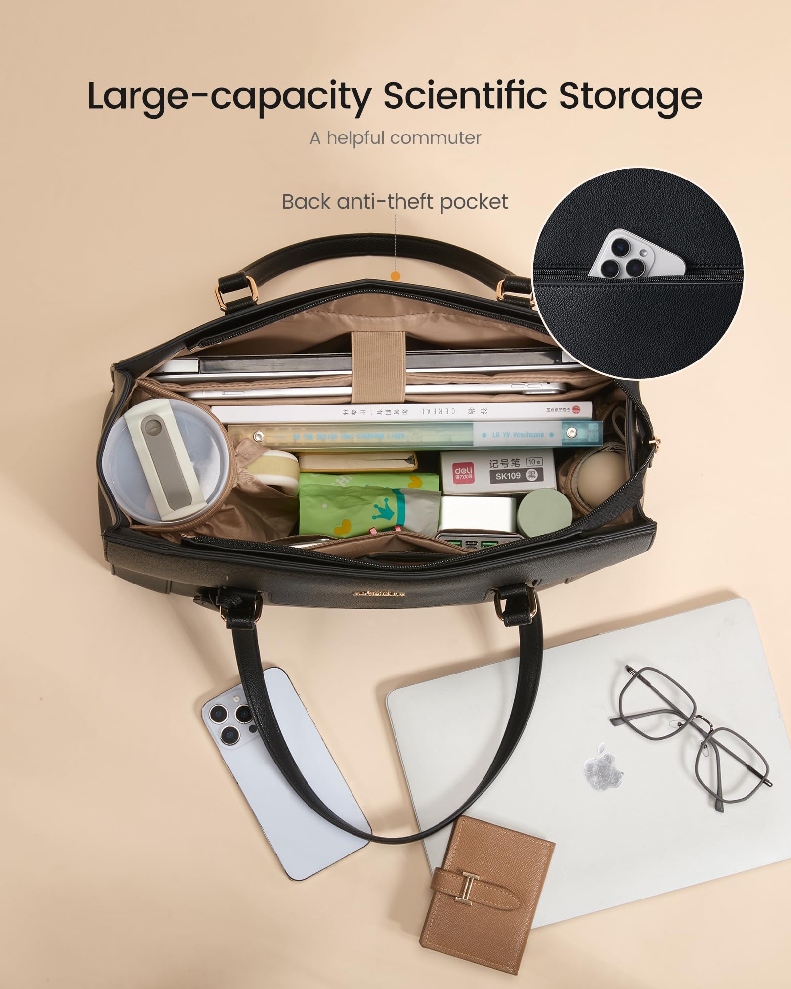 LOVEVOOK Laptop Tote Bag for Women,Computer Work Bag With Large Cup Holder,15.6 Inch Waterproof PU Leather Purse Briefcase for Teacher - 4