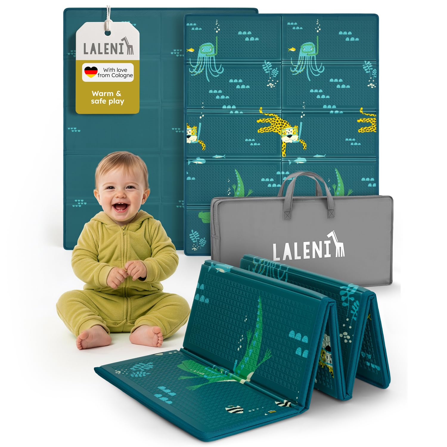 Laleni Baby Crawling Mat 120 x 150 x 1 cm, Foldable Waterproof playmat, Insulating and Soft, for Indoor & Outdoor use – Animal Motif