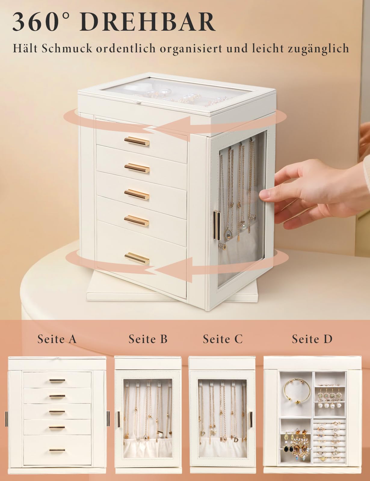 Schmuckkästchen 360° drehbar, 6 Ebenen Schmuckschatulle, Groß Schmuckkasten für Damen, Glasfenster, offenes Design, Schmuckaufbewahrung für Ringe Ohrringe Halskette Geschenkbox für Mädchen Frauen