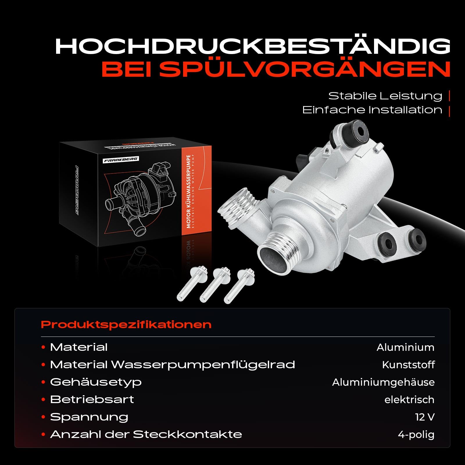 Frankberg Wasserpumpe Motorkühlung Elektrisch 4-Polig Kompatibel mit 1er E81 E87 3er E90 3er Coupe E92 5er E60 5er Touring E61 Replace# 11517559272