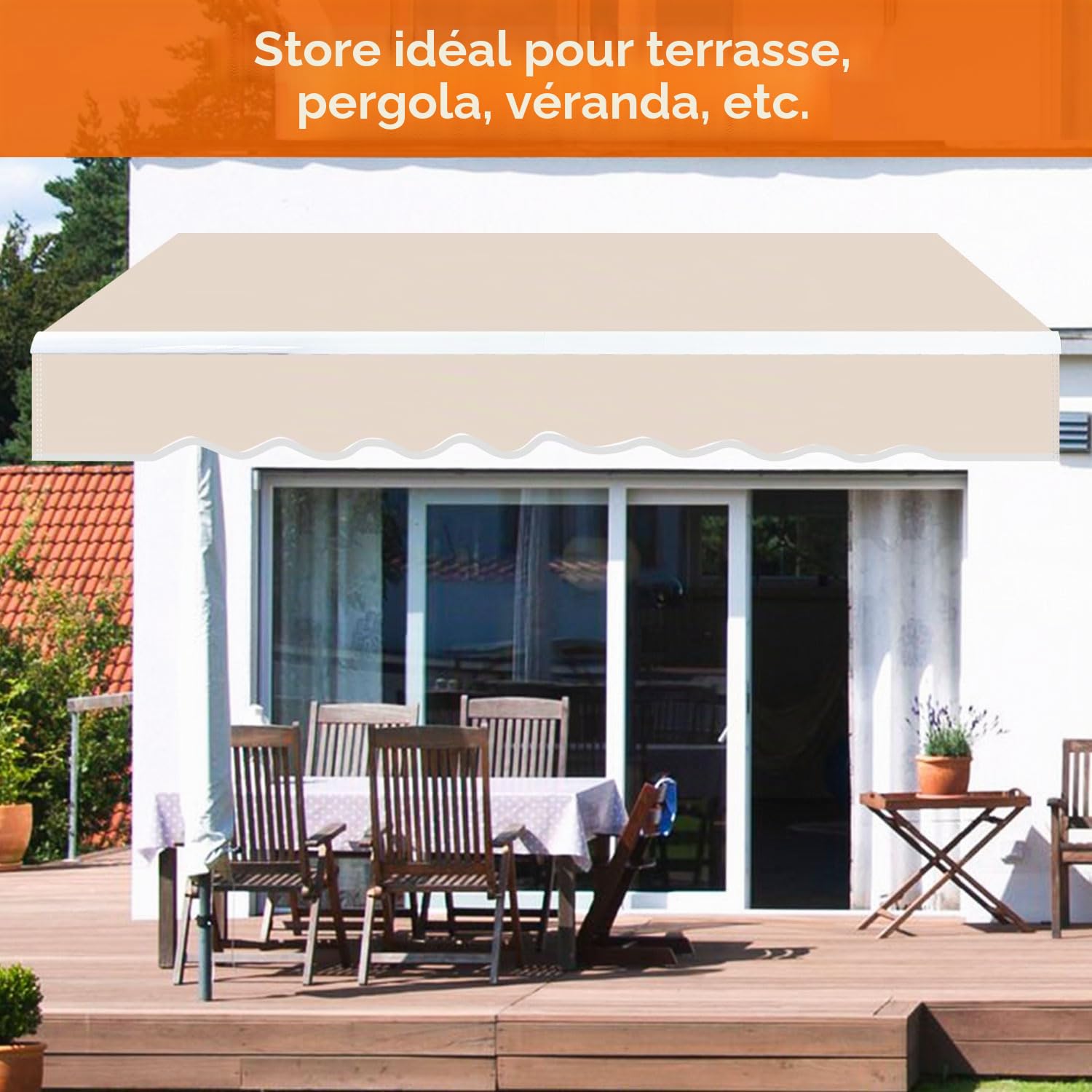 Fiqops Auvent manuel à bras articulés, 350 x 300 cm, protection solaire avec manivelle, anti-UV et imperméable, en aluminium/polyester, pour balcon, terrasse, jardin, beige