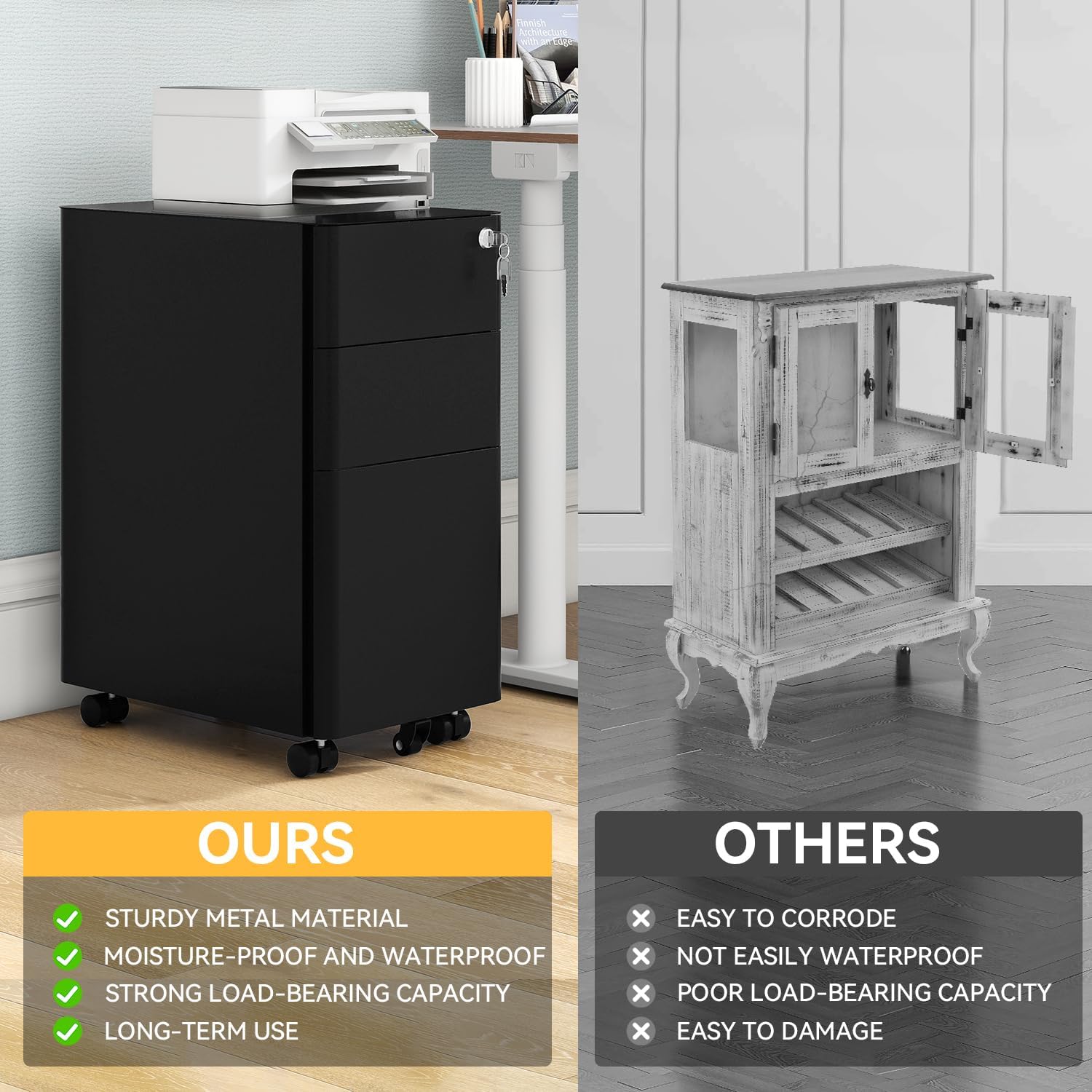 DWVO 3-Drawer Vertical File Cabinet, Mobile Filing Cabinet with Lockable, Pre-Assembled Compact Slim File Cabinet, Portable Office Storage for A4/Letter/Legal Documents (Black)