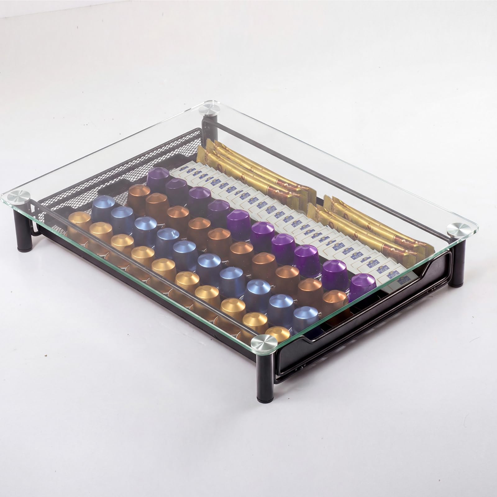 Zvonema Support de capsules Nespresso transparent pour 60 capsules de café, rangement en verre et métal, design extensible, robuste