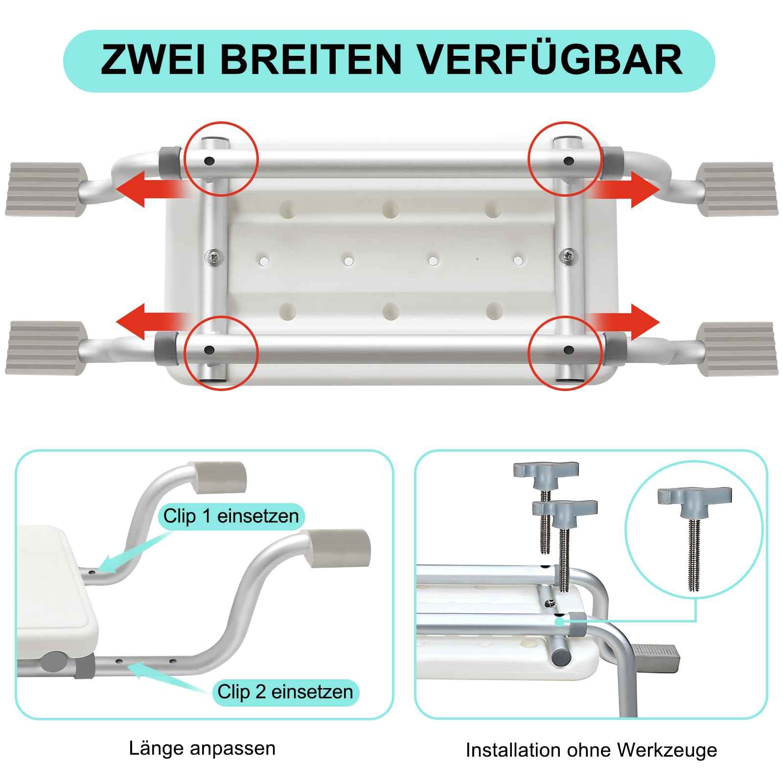 Sedile per vasca da bagno per anziani, panca doccia regolabile in larghezza 71-81 cm, telaio in alluminio e cuscino in silicone, sgabello da doccia antiscivolo per dimensioni interne della vasca da 58