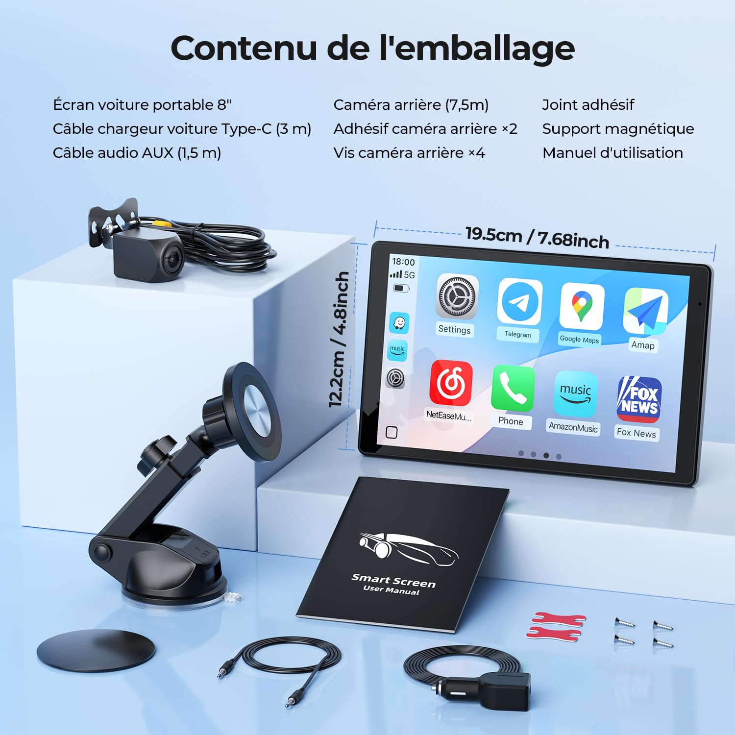 Écran Portable 8'' pour Apple CarPlay & Android Auto, Affichage HD 1440x900, Support Magnétique, Mises à Jour OTA, Modes Portrait et Paysage, Caméra de Recul, Bluetooth, Contrôle Vocal, Navigat