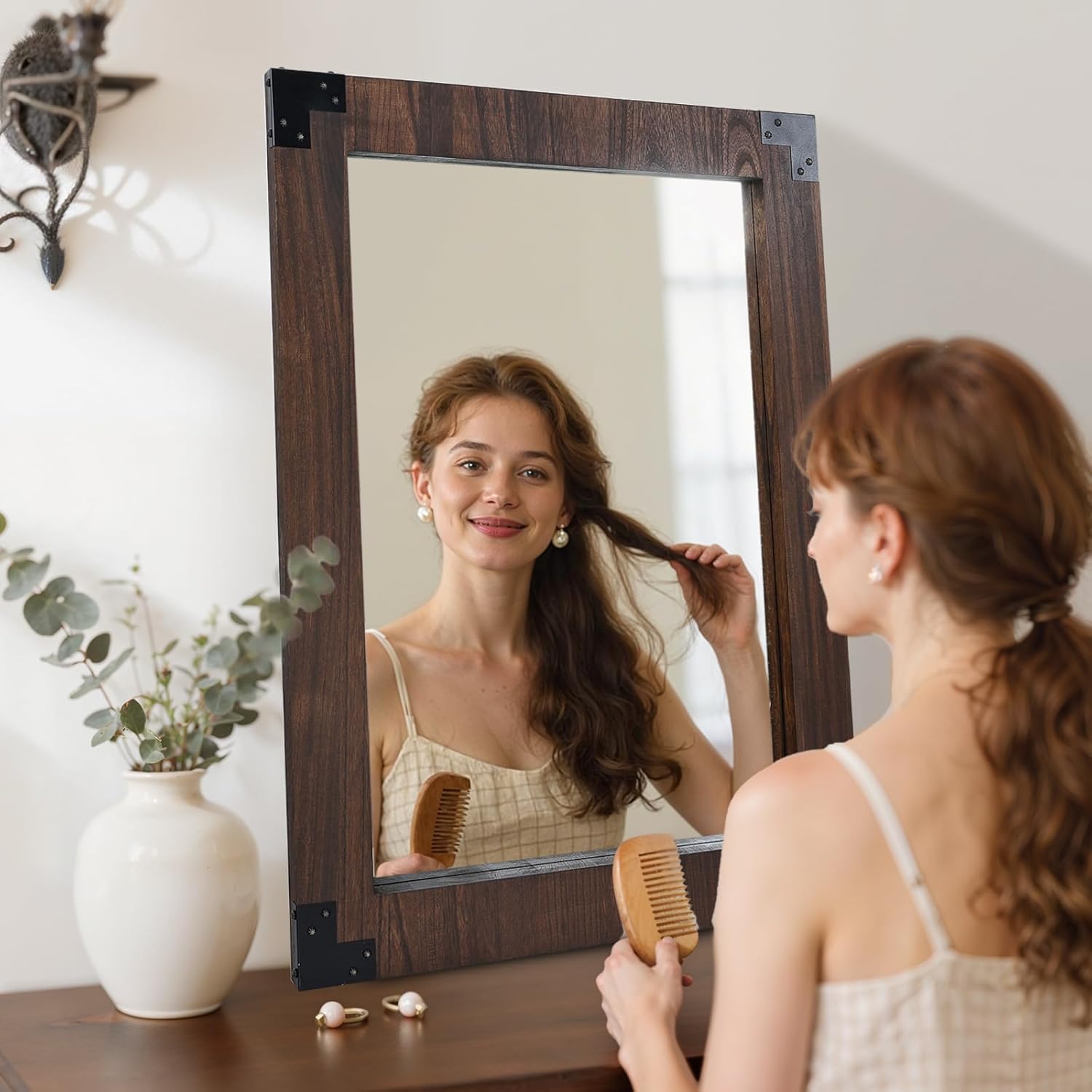 40x30 Hanging Wall Mirror, Wooden Frame Vanity Mirror for Bathroom, Bedroom, Dark Walnut