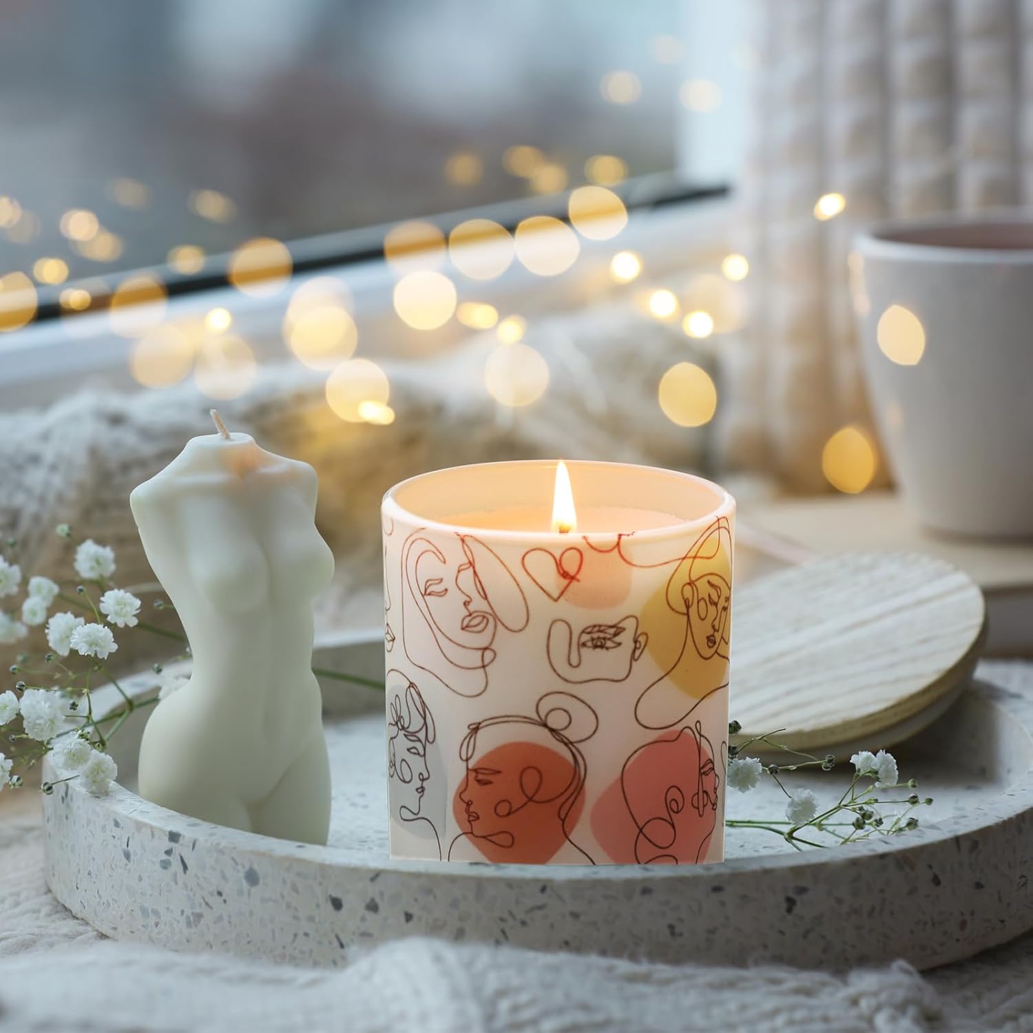 SHMILMH Frosted Glass Candle Jars for Making Candles with Wooden Lids, Thick Empty Candle Jars with Colored Abstract Human Faces in Bulk 6PCS 7OZ