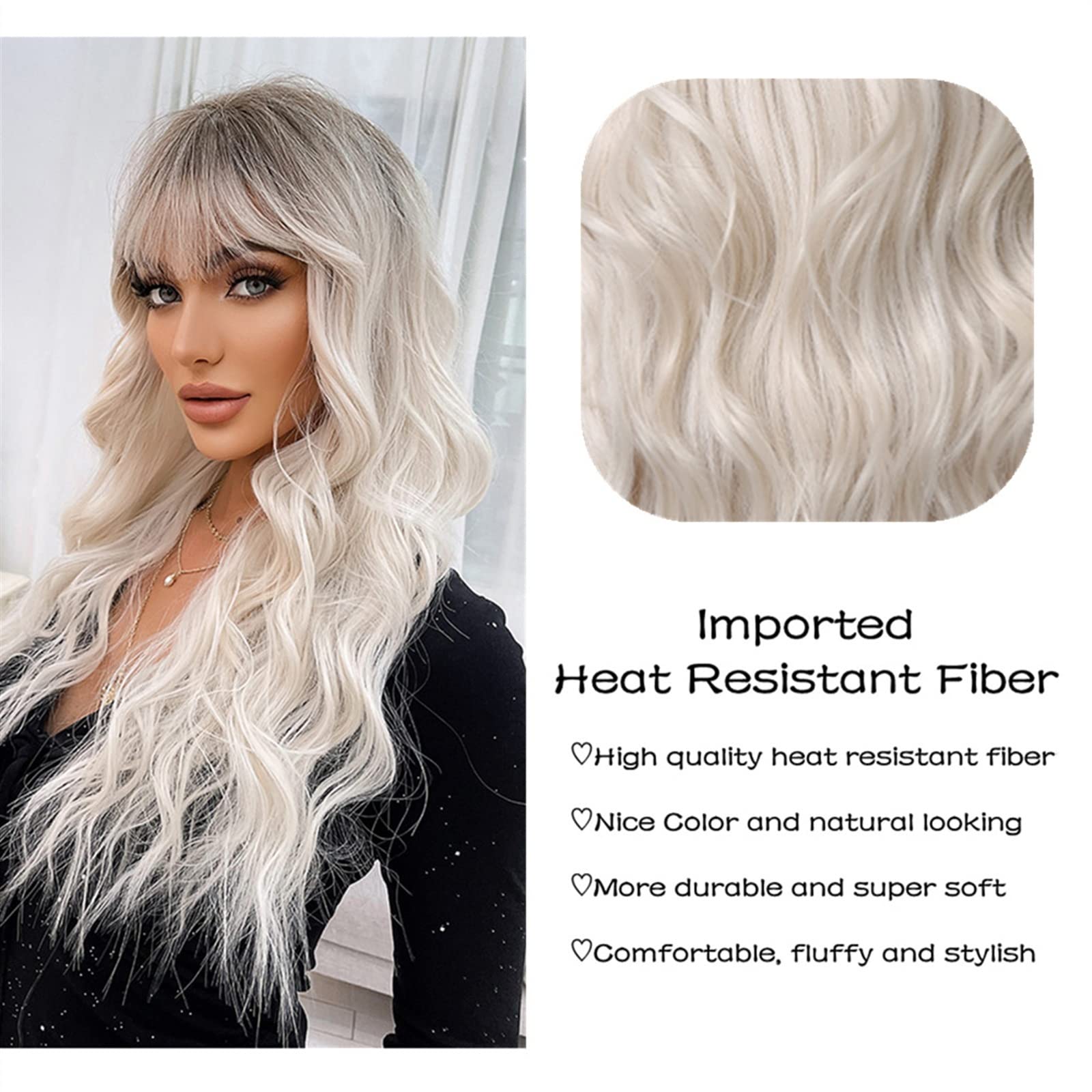 Realistyczne peruki 26 "długie platynowe fale peruka syntetyczna dla białych kobiet ombre jasny blond peruki z grzywką naturalne włókna wysokotemperaturowe na codzienny cosplay Fryzura damska