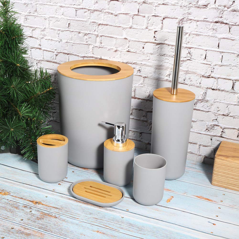 Juego de 6 Accesorios de Baño de Madera de bambú Jabonera Dispensador de Jabón Mini Cubo de Basura Taza Set Soporte para Cepillo de Dientes para Decoracion Baño