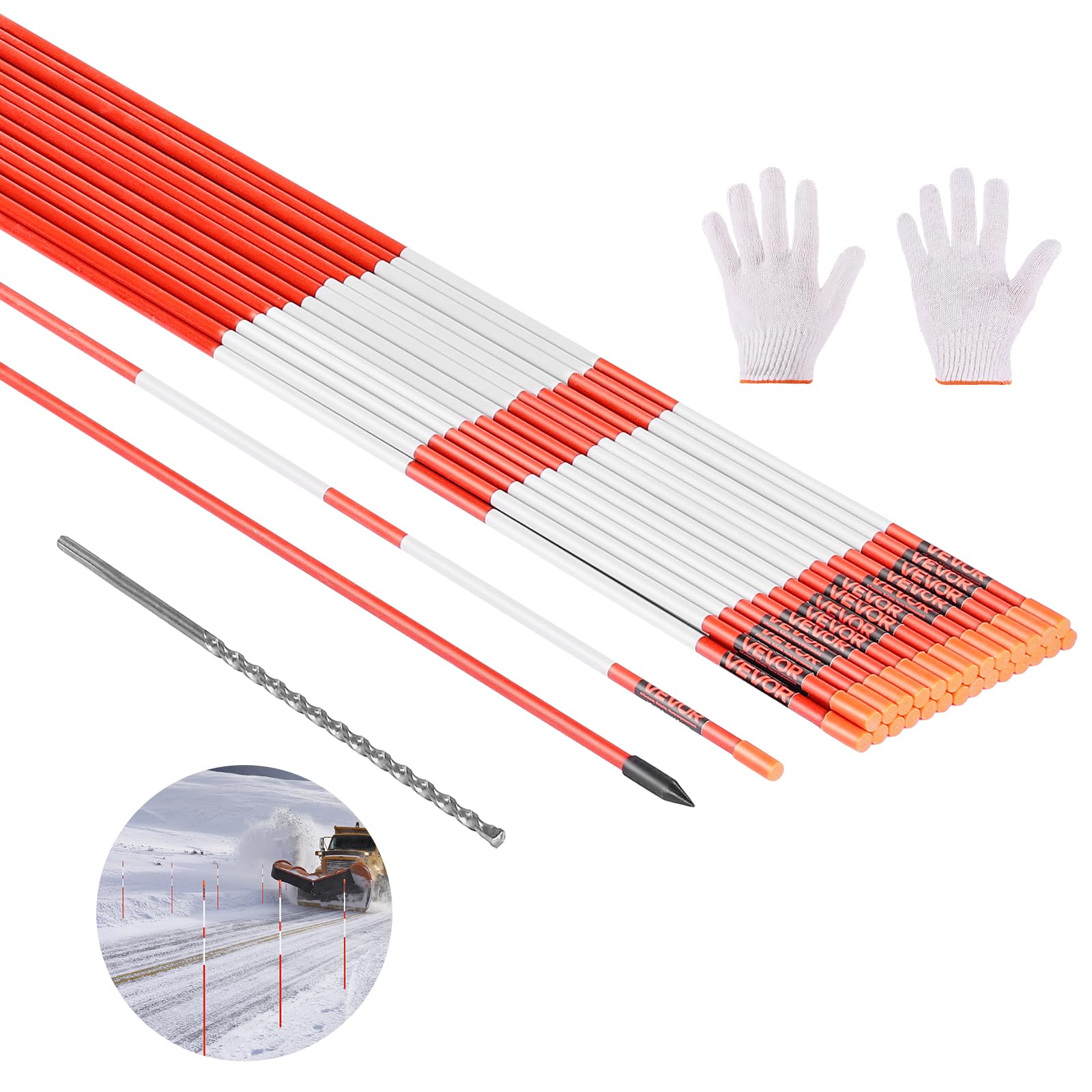 vevor driveway markers, 20pcs 58 in long 5/16 in dia, hi-visibility driveway reflectors with 12 in steel drill bits, reflective snow sticks fiberglass pole for parking lots, walkways, snow plowing