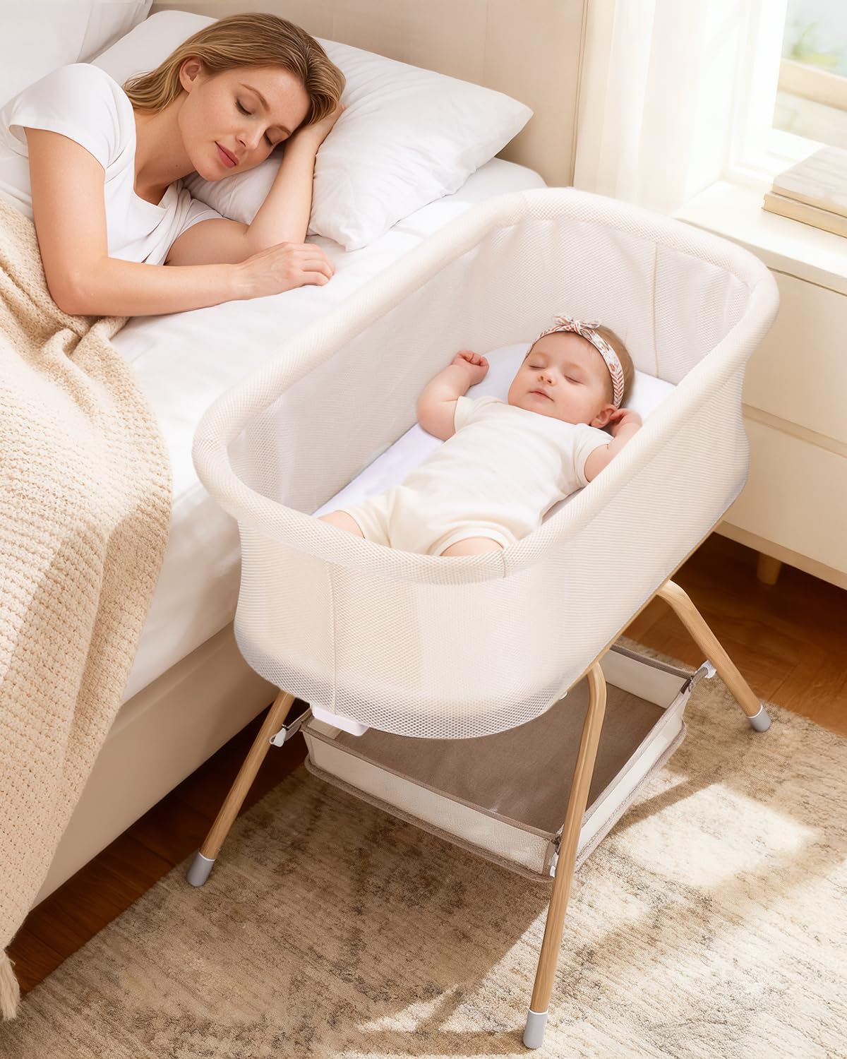 3 in 1 Baby Bassinet, Rocking Bedside Bassinet for Baby with Mesh Design & Soft Mattress, Bassinet Bedside Sleeper for Newborn Infant，Portable Nest