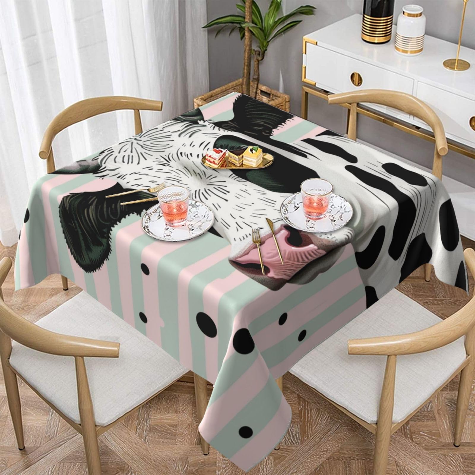 WPKJU Cute Cow Polka Dot Printed Square Tablecloth 60x60 inch Water Resistant Table Cover Washable Rectangle Table Cloth for Dining Tables