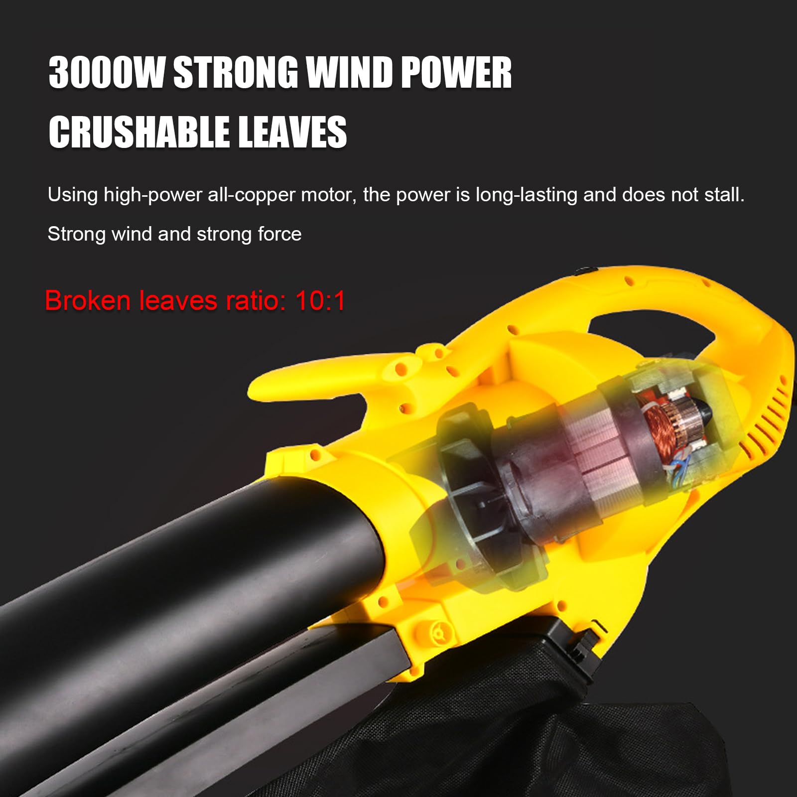 Soplador De Hojas Eléctrico 3000w, Aspirador De Jardín Potente 2-en-1 Indus | Velocidad de 270km/h, Bolsa de Recogida de 35L, Control de Velocidad de 6 Niveles, Tubo Desmontable, Relación de Trituración