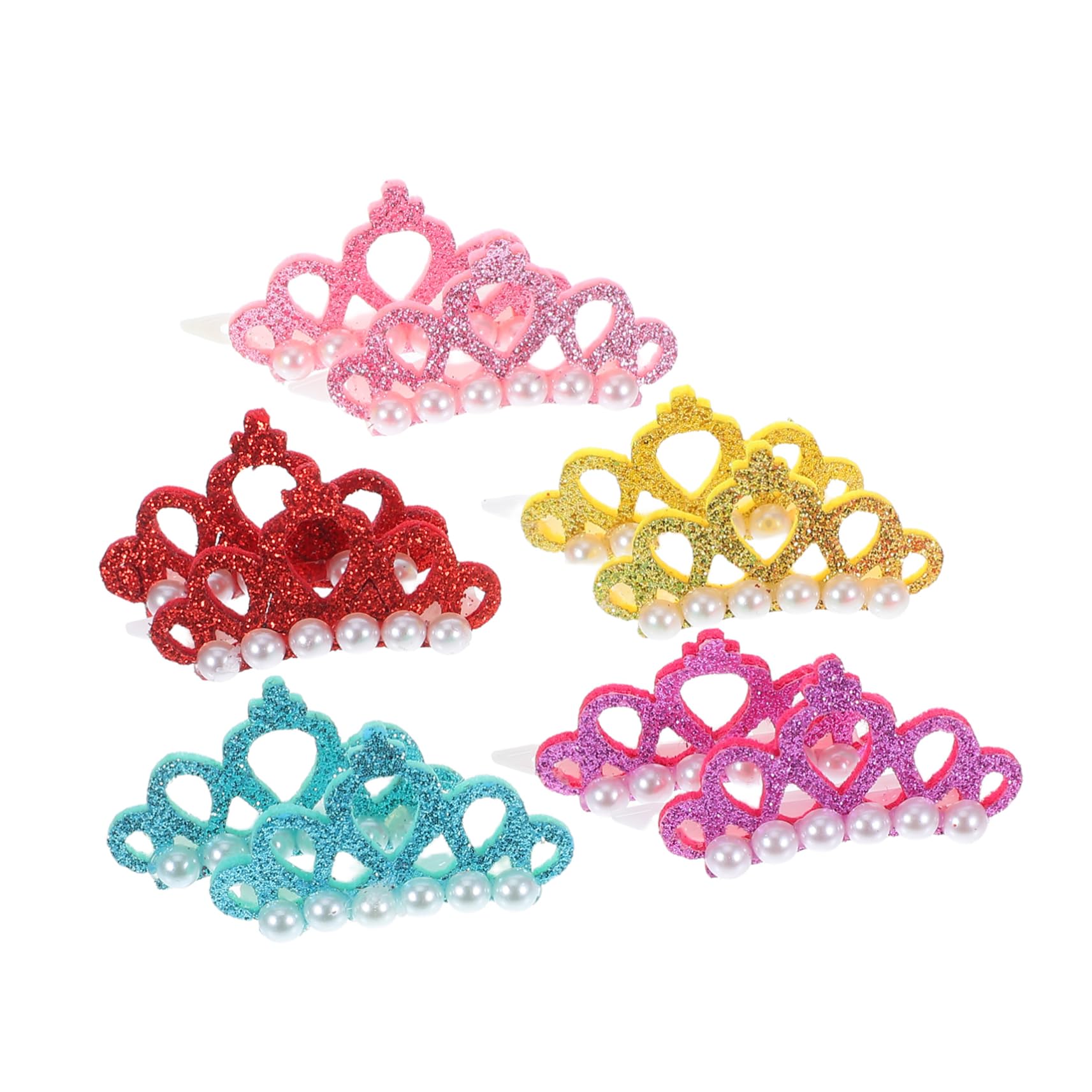 GALPADA 10 Pcs Crown Shaped Pet Headdress Hair Accessories Adorable Pearl Includes Yellow Lake Blue Pink Bright Red for Parties and Photos