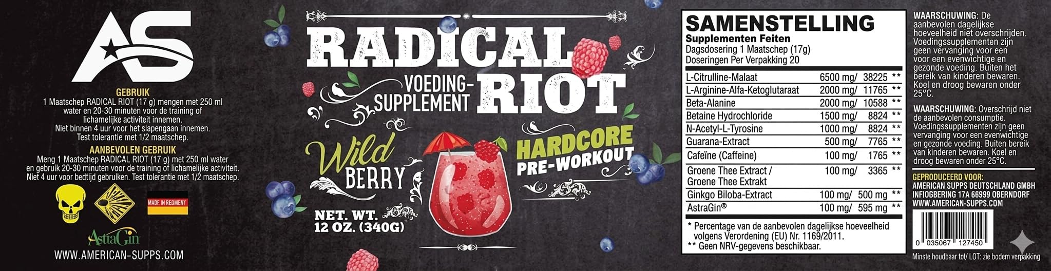 PREMIUM Pre Workout Booster [340g] - Wilde Beeren - 300 mg Koffein + Beta Alanin + L Citrullin Malat