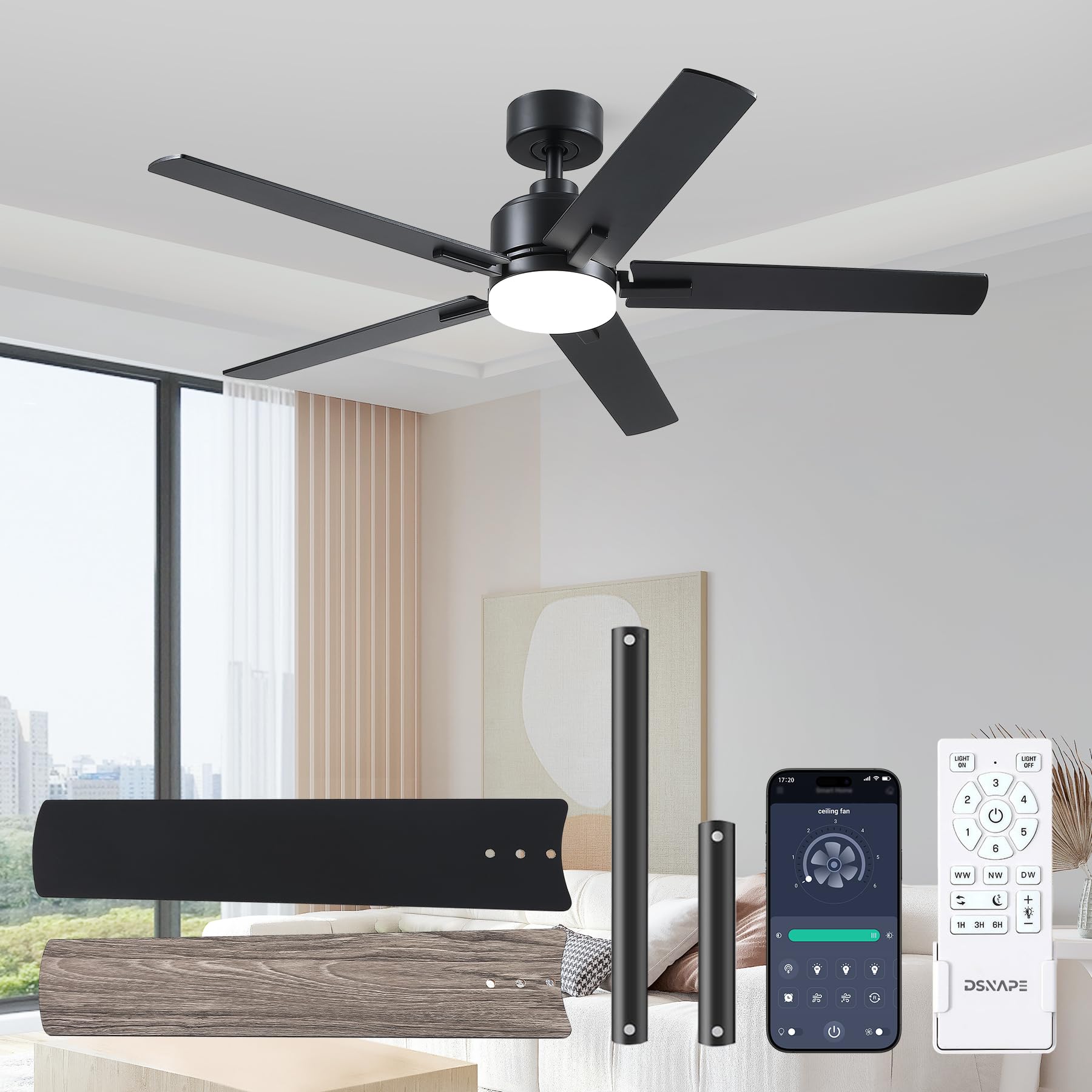 Deckenventilator mit Beleuchtung 132cm, Fernbedienung und APP, 5 Flügel, Leise DC Motor, Timer, Schwarz