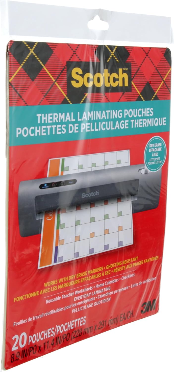 Scotch Dry Erase Thermal Laminating Pouches, 8.9 in x 11.4 in (228 mm x 291 mm), 20 Pouches per Pack