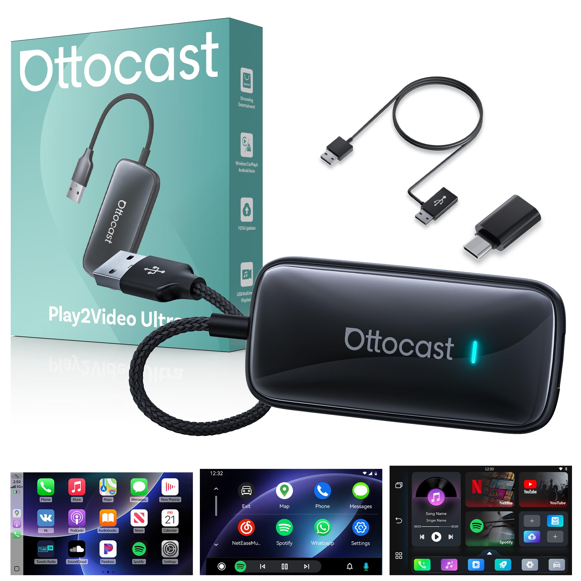 OTTOCAST Play2Video Ultra Magic AI Box, Wireless CarPlay & Android Auto