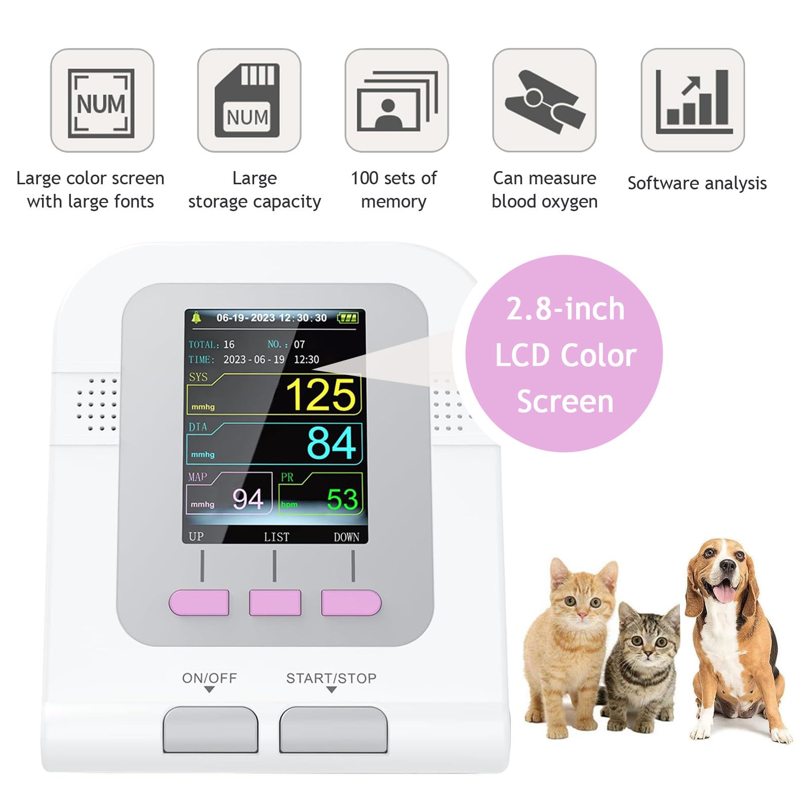 Tensiómetro automático para uso veterinario/animal, con pantalla de 2,8" y 3 brazaletes, esfigmomanómetro electrónico con memoria para más de 100 lecturas, para perros, gatos y mascotas.