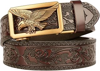 Men's Leather Ratchet Belt Retro Buckle Casual Business Belt for Jeans 49" Adjustable Trim to Fit