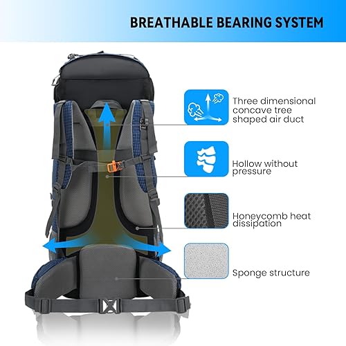 Miniatura 4 de Bseash Mochila impermeable de 80 L para senderismo y campamento con cubierta para lluvia, ligera, para deportes al aire libre, para escalar, turismo