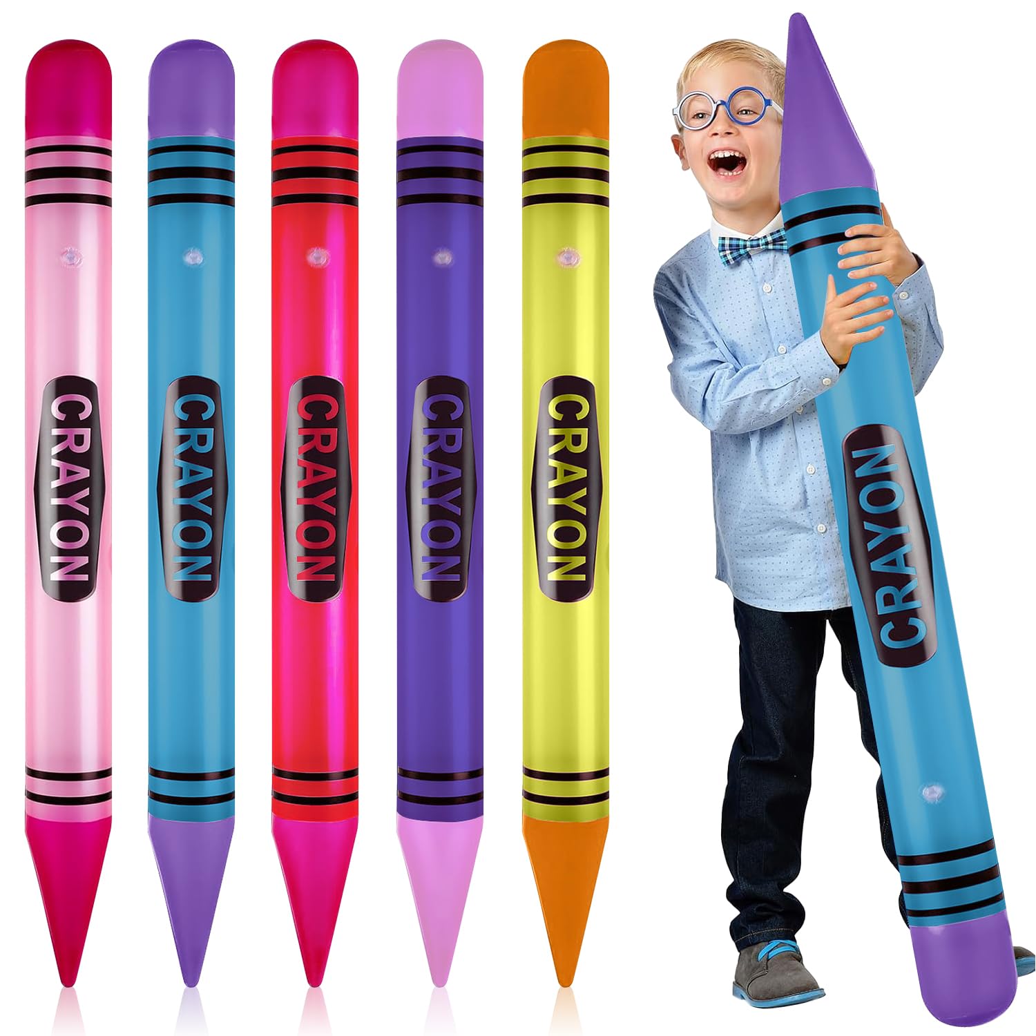 Lot de 5 crayons de couleur gonflables, 5 couleurs, 110 cm de haut, crayons de cire, couleurs fluo, adaptés au gonflage