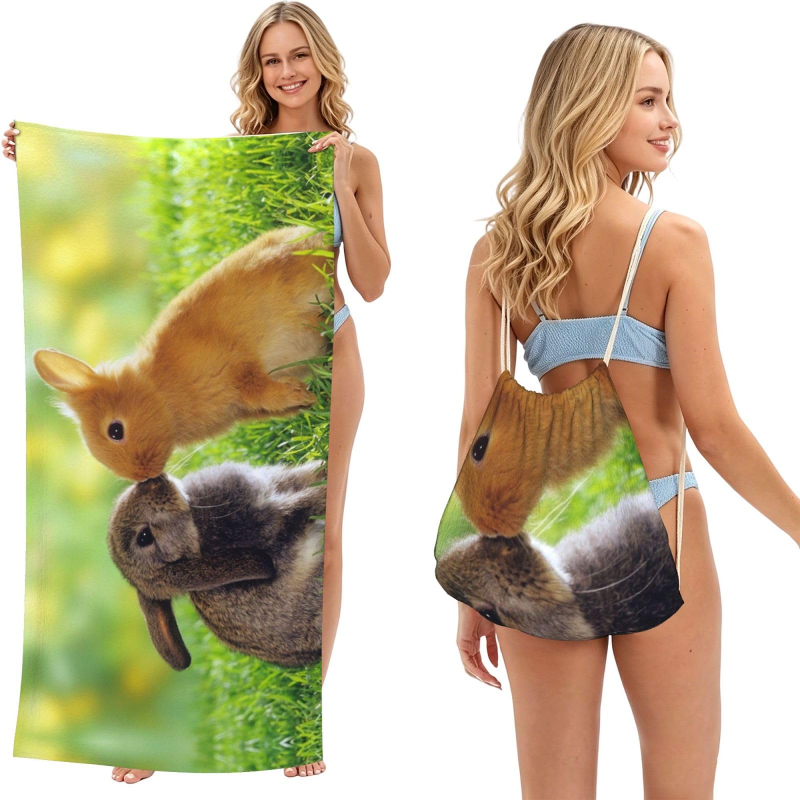 ESNAIUVCD Rabbit Love Print Beach Towel For Adults,Towel With Drawstring Bag, Travel Pool Swimming Sports Shower Sand Free Quick Dry Bath Towel For Pool, Beach, Yoga- 180x60cm