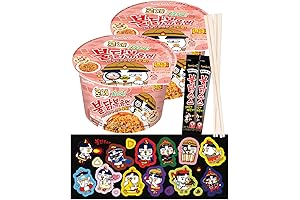 Spicy Koreanized Food Combo Pack: 12 Buldak Stickers, Rose Buldak Noodles, and...