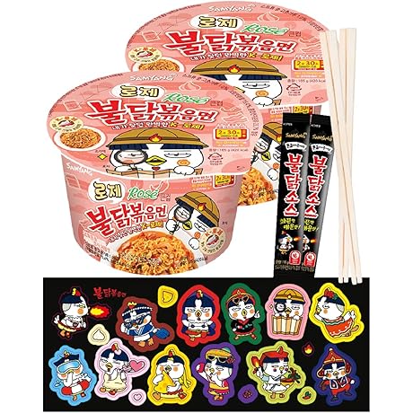 Spicy Koreanized Food Combo Pack: 12 Buldak Stickers, Rose Buldak Noodles, and...