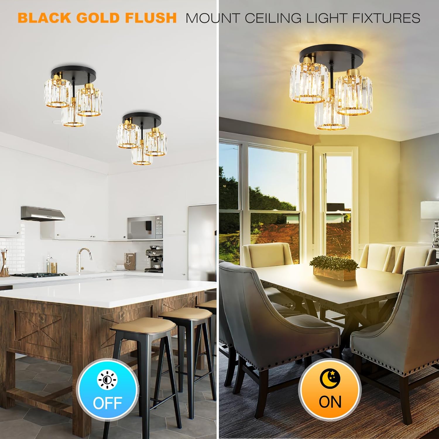 Semi Flush Mount Ceiling Light 3-Light Black Flush Mount Ceiling Light Fixture with K9 Crystal Shades, Industrial Kitchen Ceiling Light for Hallway Entryway Bedroom, E26 Socket