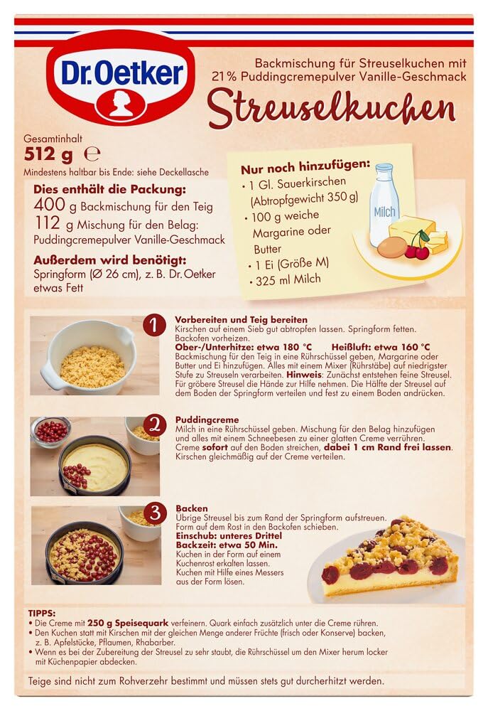 Dr. Oetker Streusel Kuchen, 8 x 485 g, Backmischung für Streuselkuchen mit Kirschen & Puddingcreme, gelingsichere Zubereitung, vegetarisch
