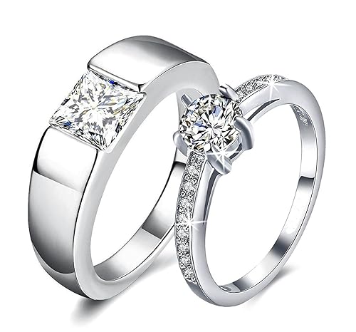 Via Mazzini White Gold Plated Crystal Proposal Promise Couple Rings for Girls and Boys (Ring0279)