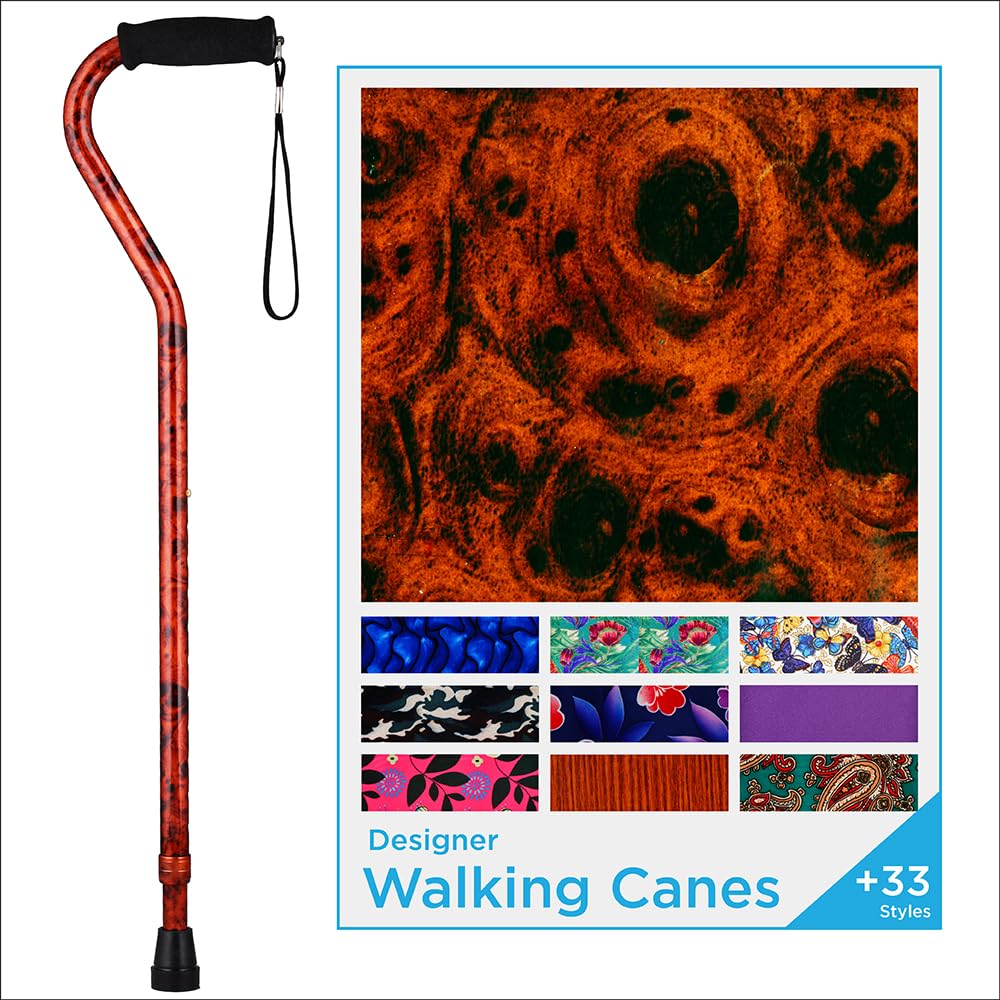 Nova Joy Designer Offset Walking Cane for Seniors - Unisex Adjustable Lightweight Aid with Foam Handle, Wrist Strap and Anti-Rattle Lock - Essential Mobility Support - Mahogany Swirl