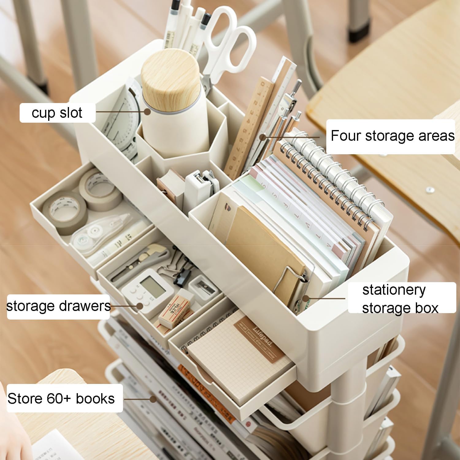 Scaffale Mobile a 6 Livelli con 3 Cassetti, Carrello Portadocumenti per Biblioteca, Scaffale Mobile per Libri sulla Scrivania Dell'aula, Classificatore da Ufficio con Rotelle Bloccabili