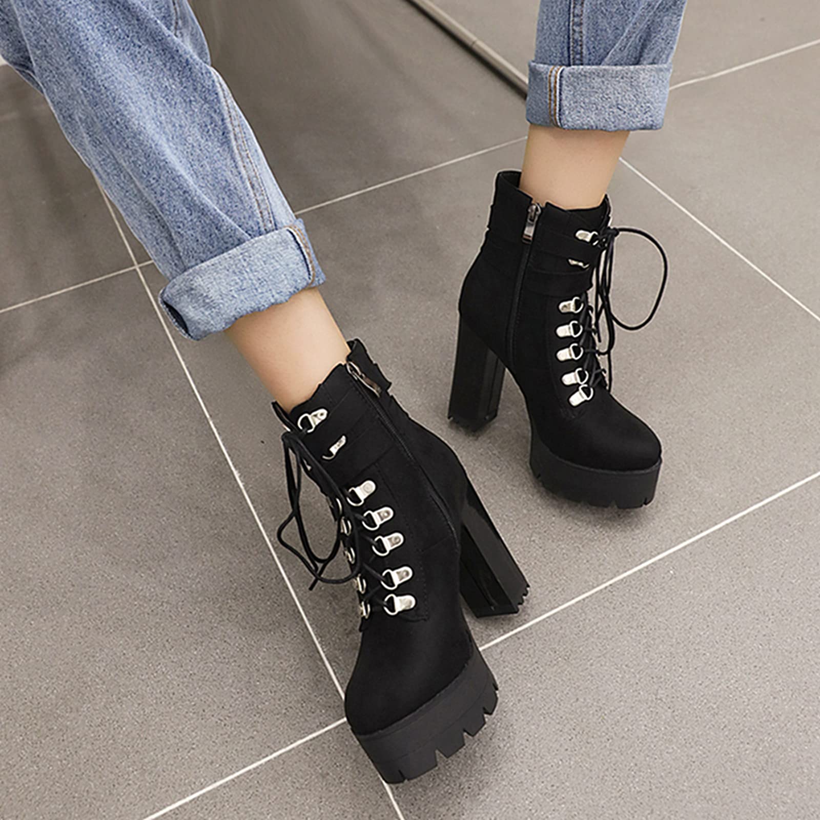 Damen Stiefeletten Plateau Blockabsatz