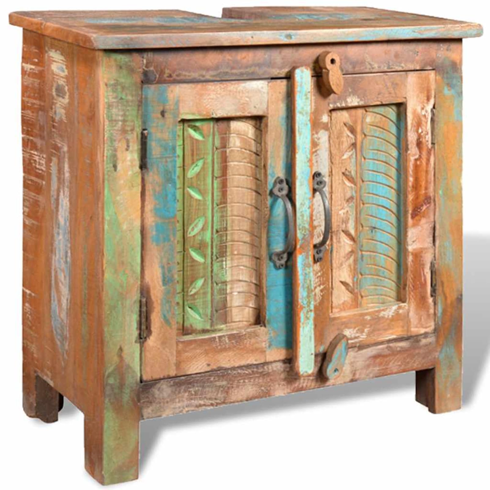 Meble łazienkowe, szafka pod umywalkę z lustrem – styl vintage, lite drewno z recyklingu, 60 x 30 x 60 cm + 45 x 55 cm, 1 zestaw do łazienki