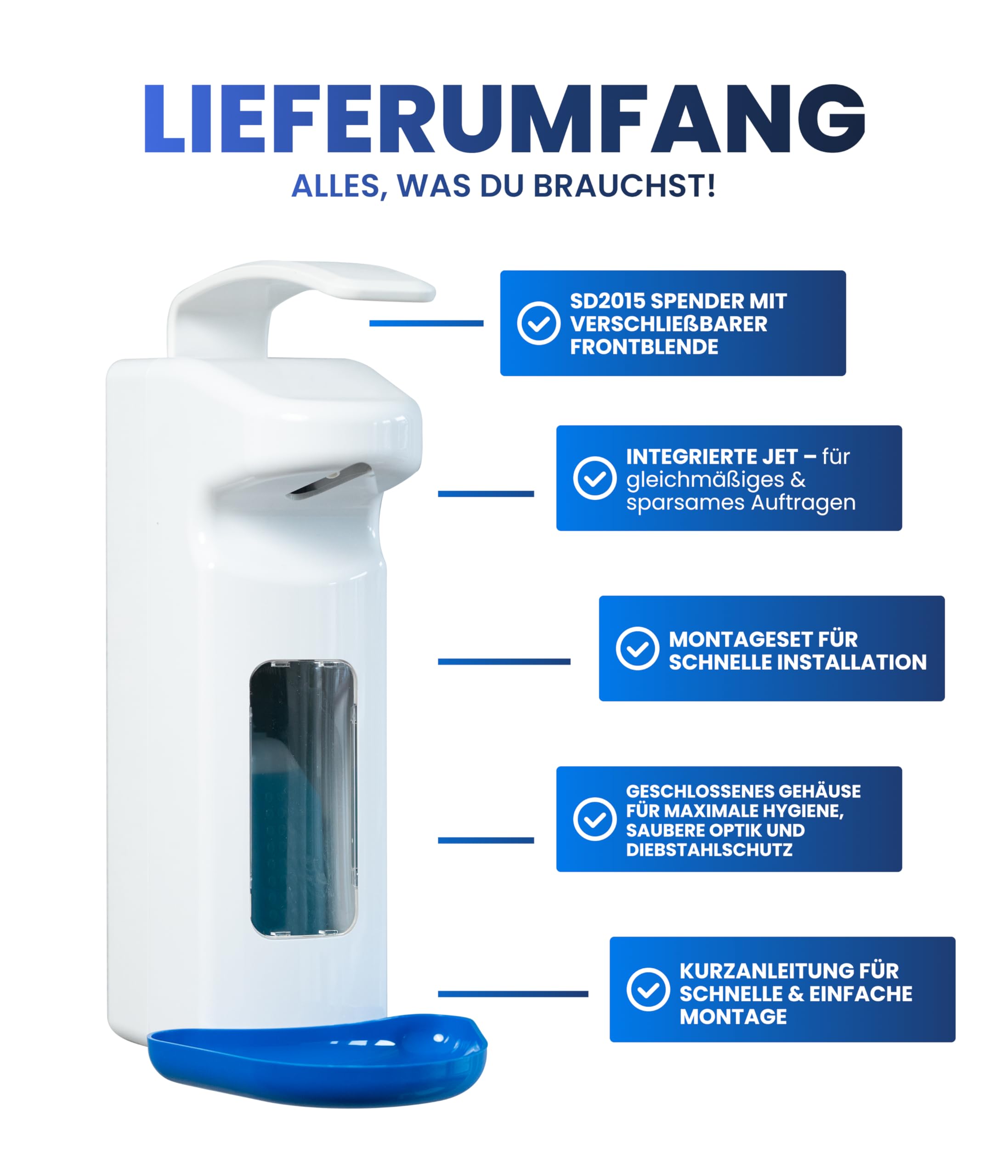 Dispensador desinfectante SD2015, dispensador manual de palanca de brazo para 500 – 1000 ml – Eurodispensador recargable (blanco con bandeja de goteo azul)