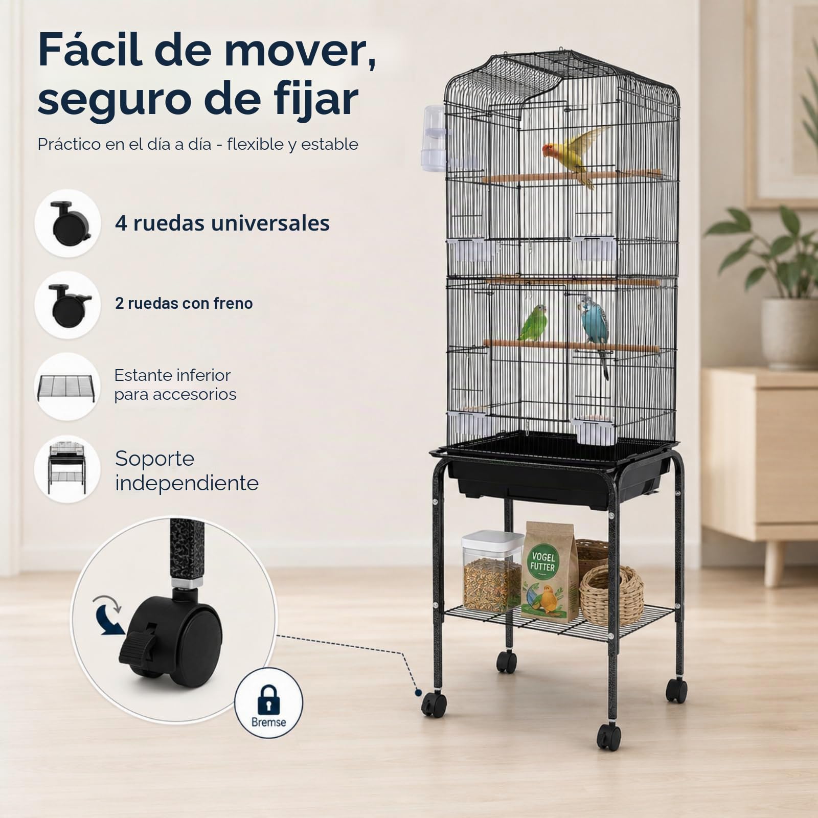 Jaula Grande para pájaros con Ruedas 47 x 37 x 137,5 cm para Loros | Hierro pulverizado, puerta con cierre, barrotes de 1,3 cm, bandeja extraíble, 4 comederos, bebedero, estante inferior